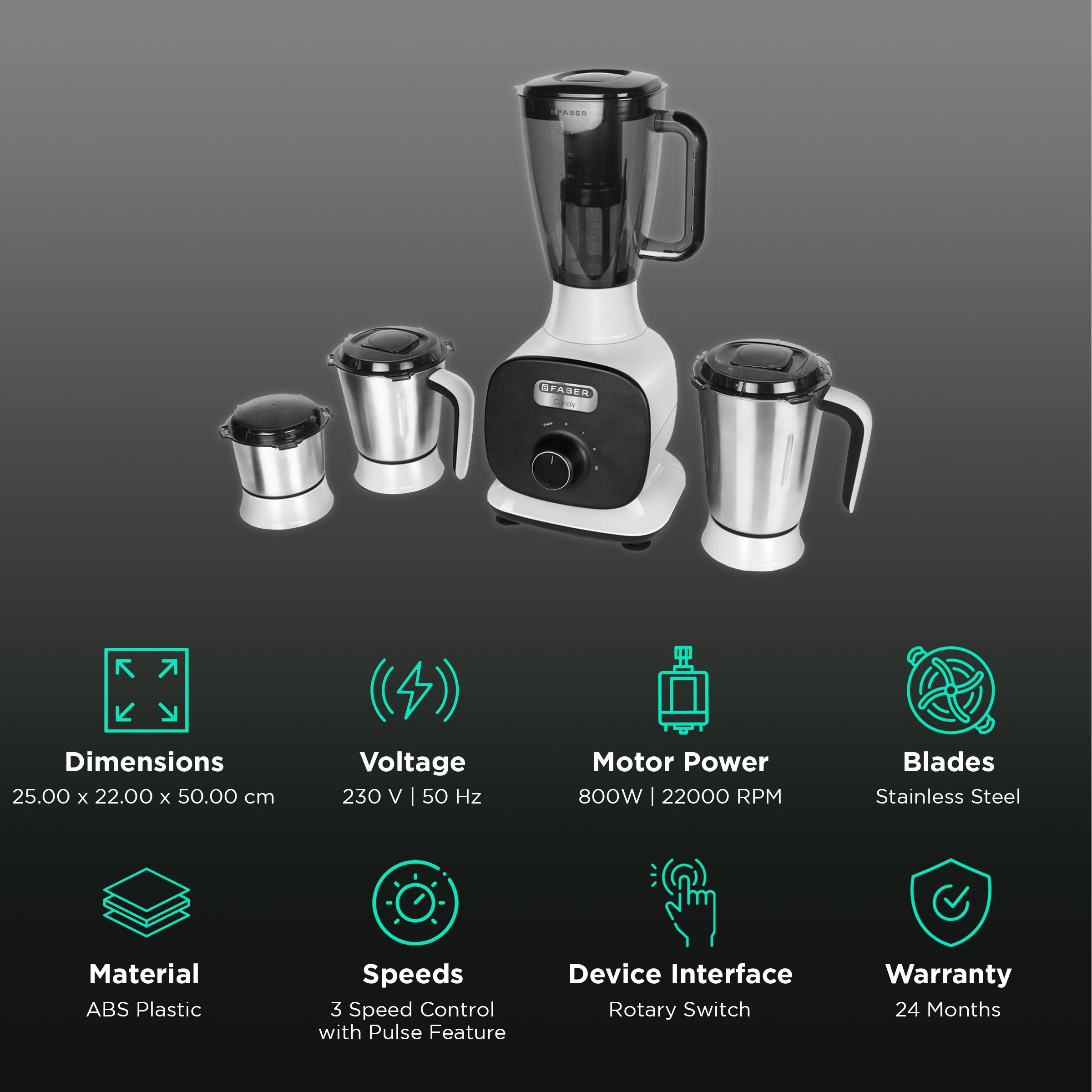 FABER Candy 800 Watt 4 Jars Mixer Grinder (22000 RPM, 8-in-1 Functions, Black/White)_2