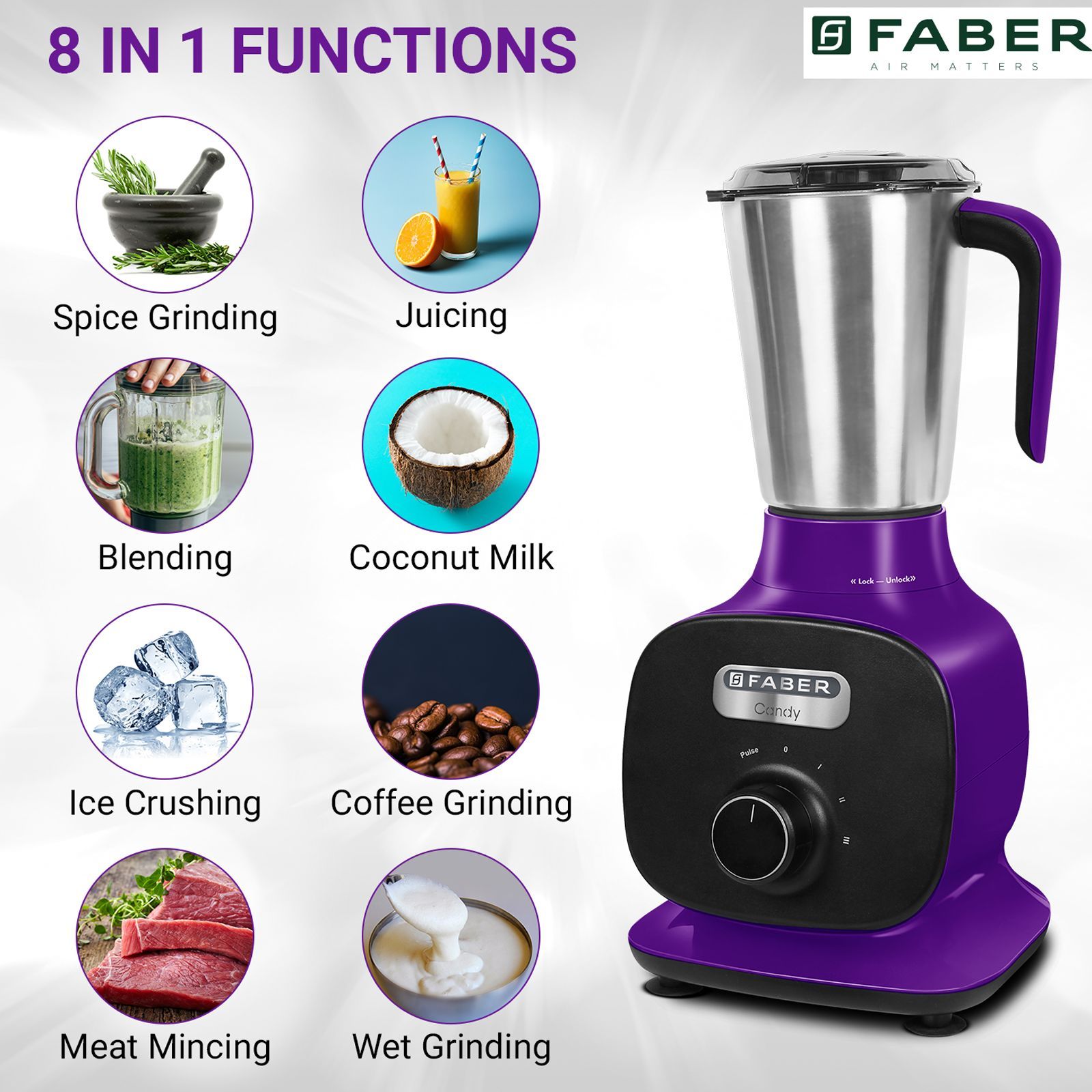 FABER Candy 800 Watt 4 Jars Mixer Grinder (22000 RPM, 8-in-1 Functions, Plum)_10