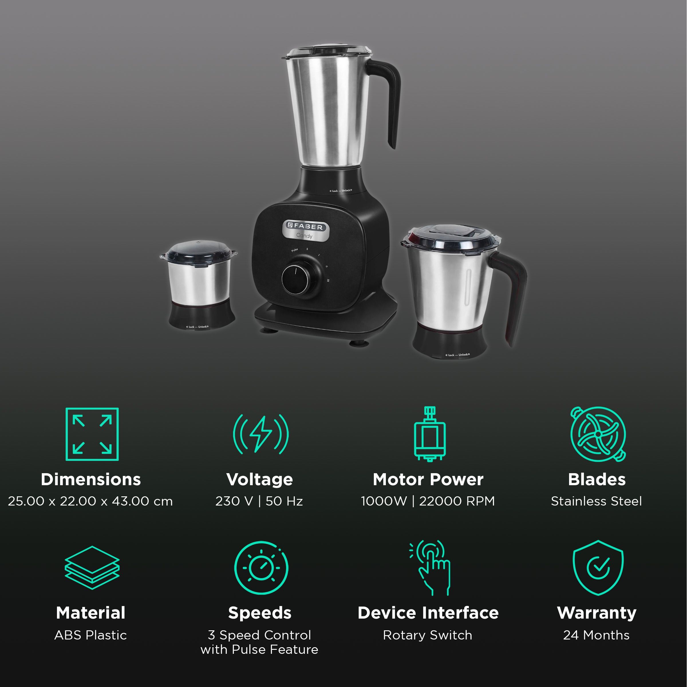 FABER Candy 1000 Watt 3 Jars Mixer Grinder (22000 RPM, 8-in-1 Functions, Black) FABER Candy 1000 Watt 3 Jars Mixer Grinder (22000 RPM, 8-in-1 Functions, Black)_2