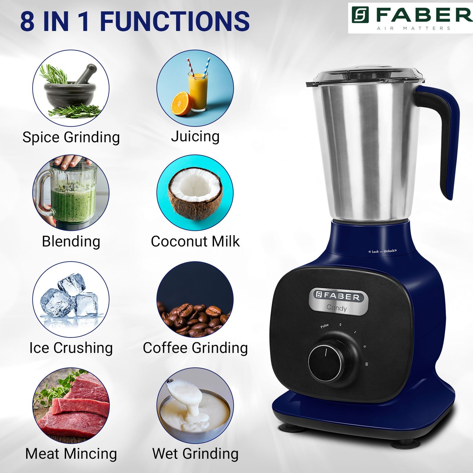 FABER Candy 1000 Watt 3 Jars Mixer Grinder (22000 RPM, 8-in-1 Functions, Lemans Blue) FABER Candy 1000 Watt 3 Jars Mixer Grinder (22000 RPM, 8-in-1 Functions, Lemans Blue)_8