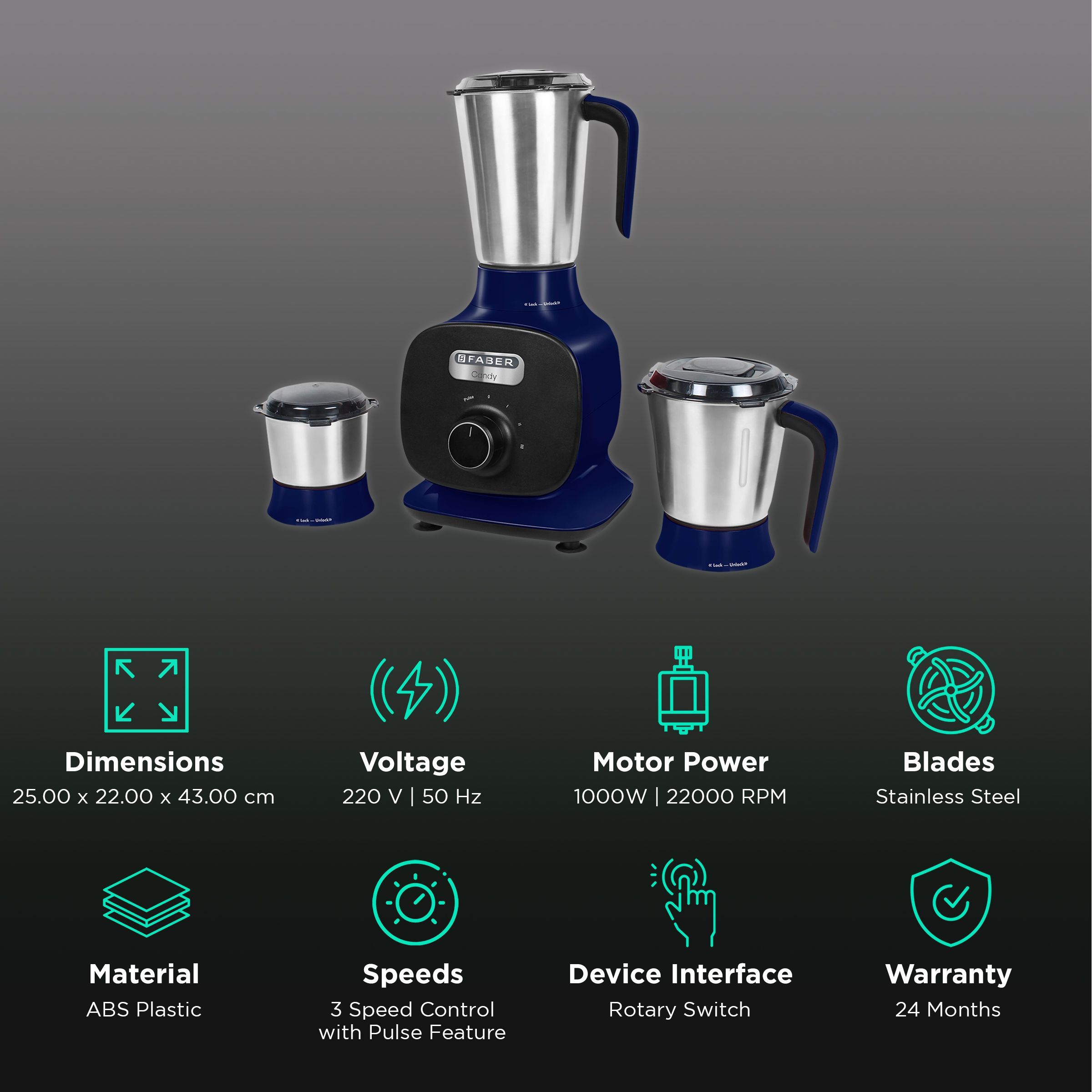 FABER Candy 1000 Watt 3 Jars Mixer Grinder (22000 RPM, 8-in-1 Functions, Lemans Blue) FABER Candy 1000 Watt 3 Jars Mixer Grinder (22000 RPM, 8-in-1 Functions, Lemans Blue)_2