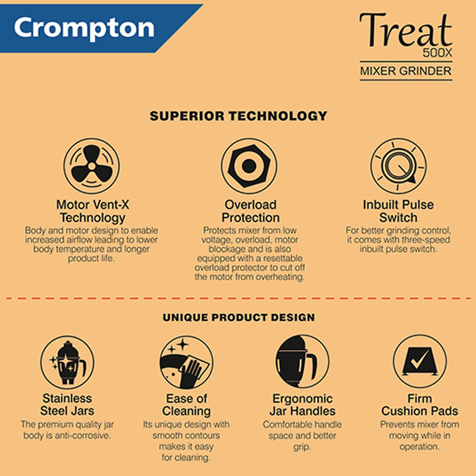 Crompton Treat 500X 500 Watt 3 Jars Mixer Grinder (Motor Vent-X Technology, White/Red)_7