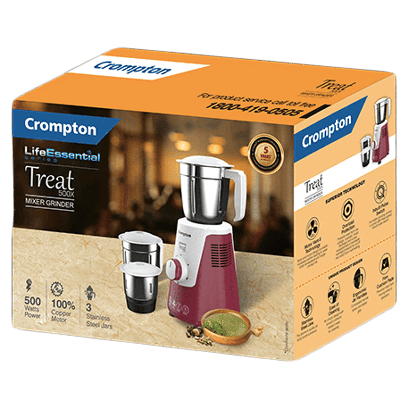 Crompton Treat 500X 500 Watt 3 Jars Mixer Grinder (Motor Vent-X Technology, White/Red)_9