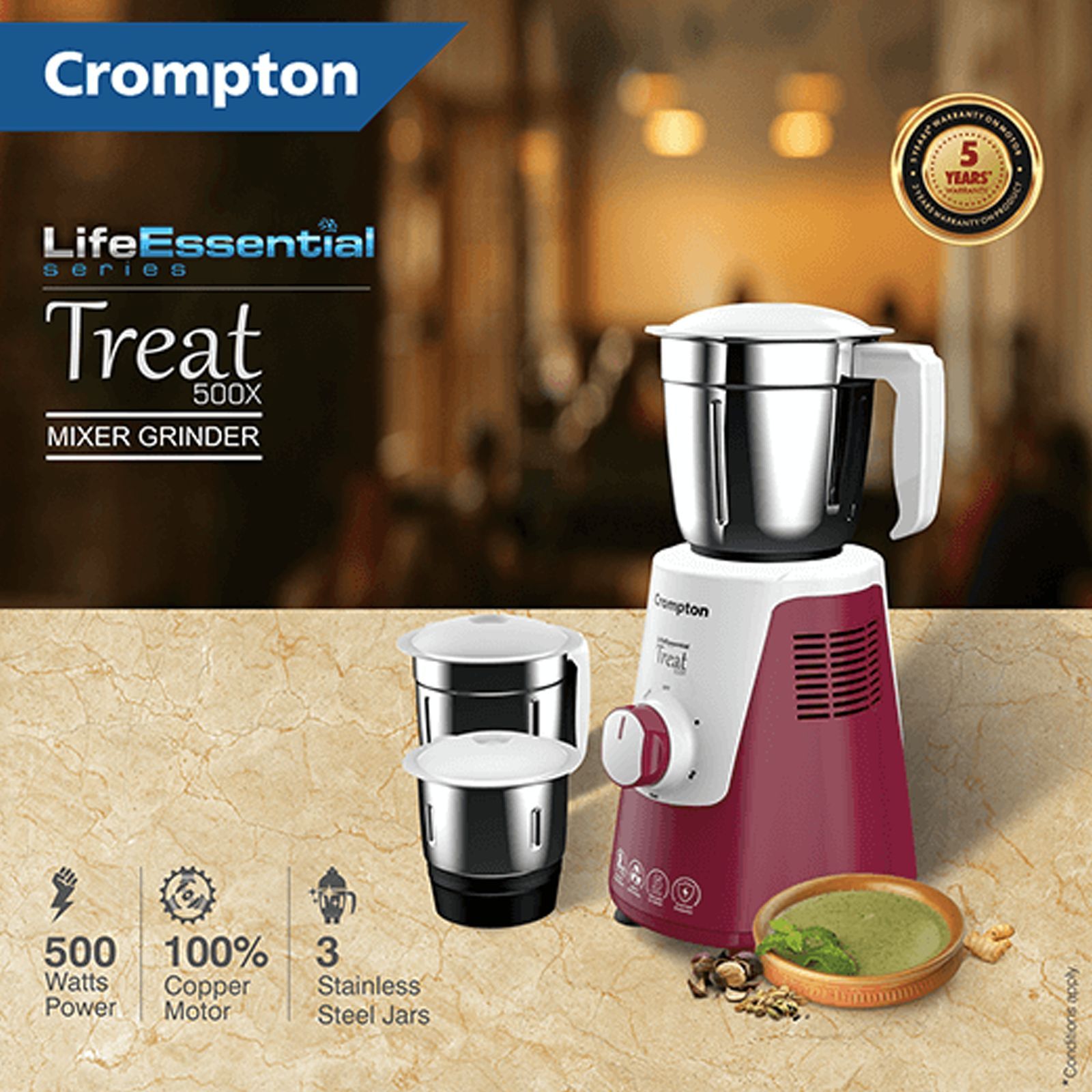 Crompton Treat 500X 500 Watt 3 Jars Mixer Grinder (Motor Vent-X Technology, White/Red)_10