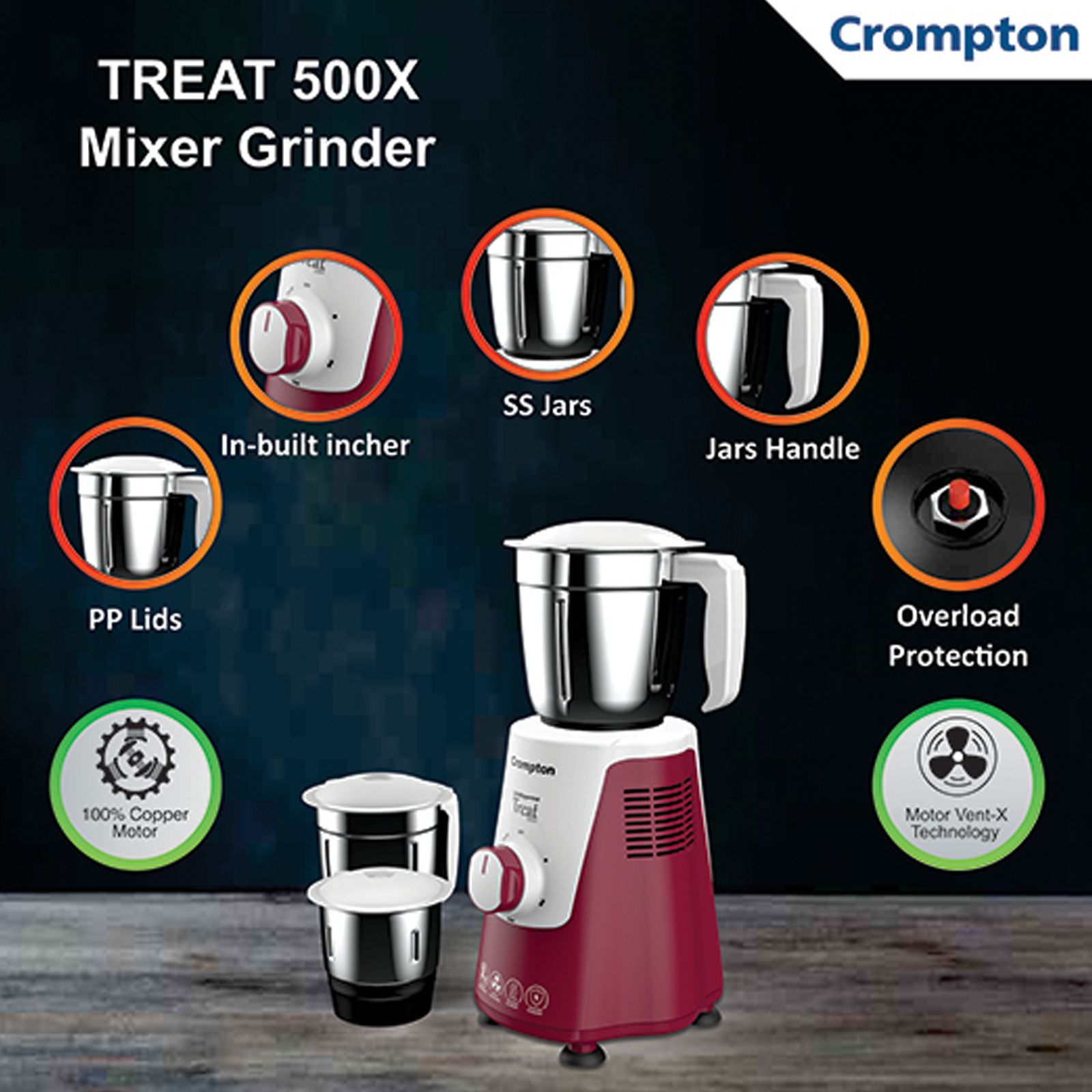 Crompton Treat 500X 500 Watt 3 Jars Mixer Grinder (Motor Vent-X Technology, White/Red)_11