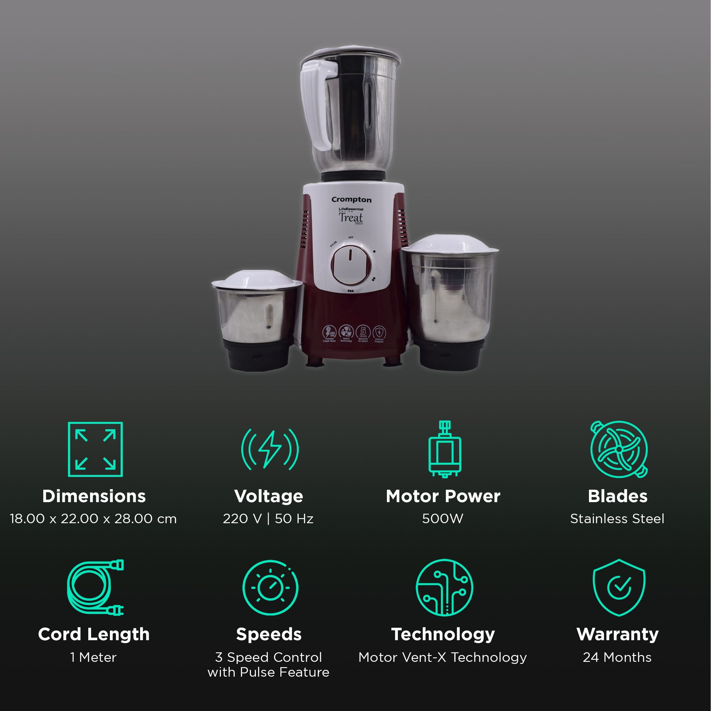 Crompton Treat 500X 500 Watt 3 Jars Mixer Grinder (Motor Vent-X Technology, White/Red)_2