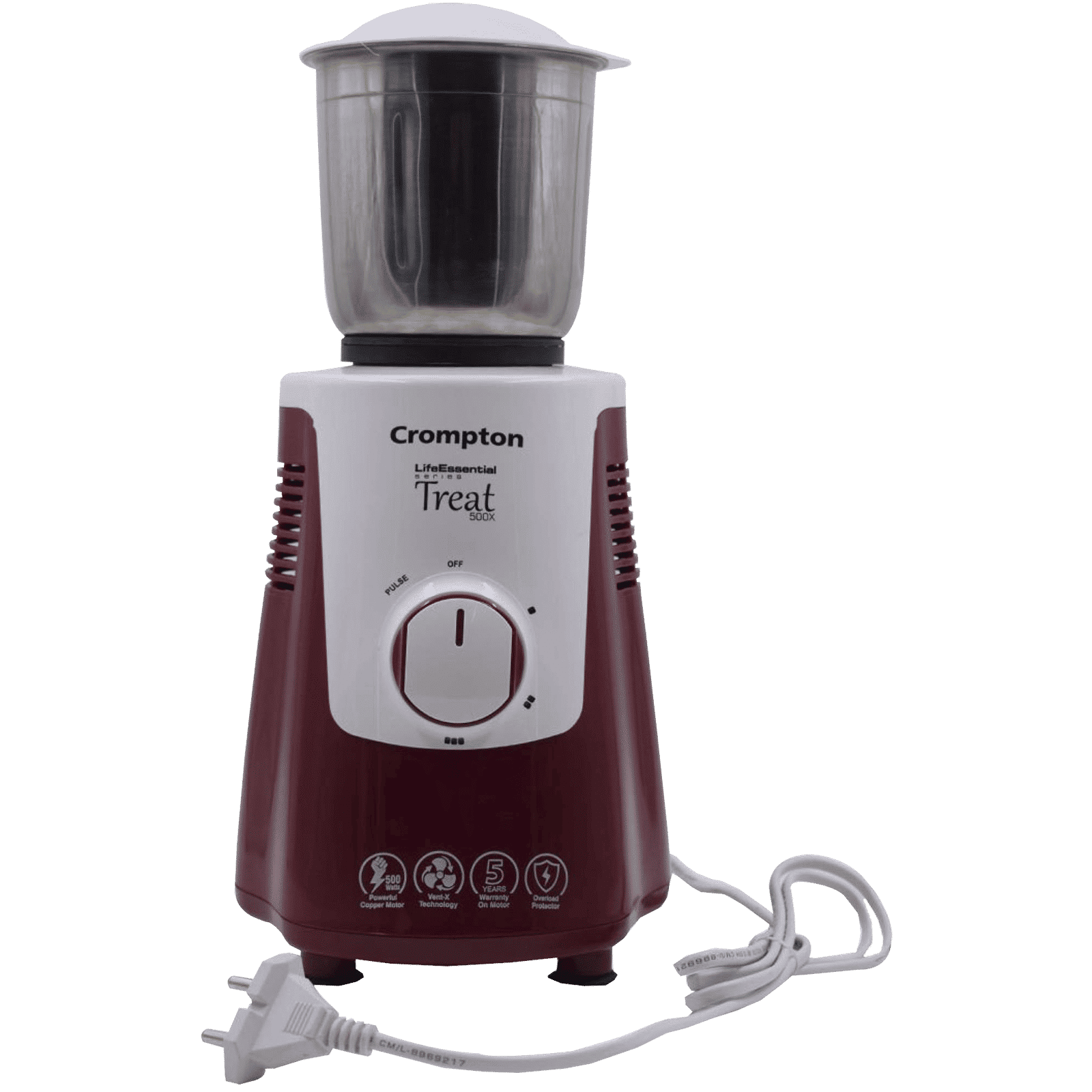 Crompton Treat 500X 500 Watt 3 Jars Mixer Grinder (Motor Vent-X Technology, White/Red)_5
