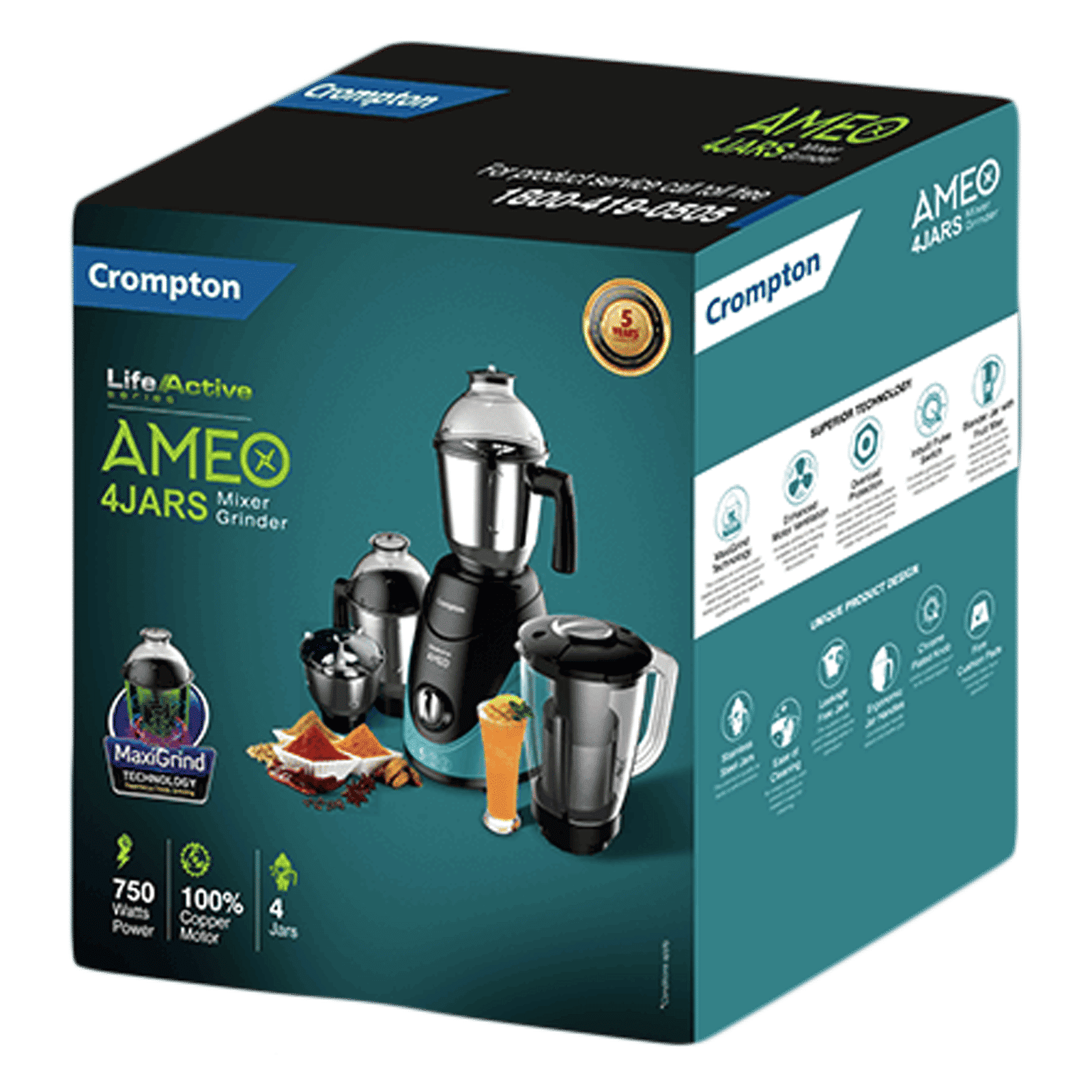 Crompton Ameo 750 Watt 4 Jars Mixer Grinder (MaxiGrind Technology, Black/Green)_5