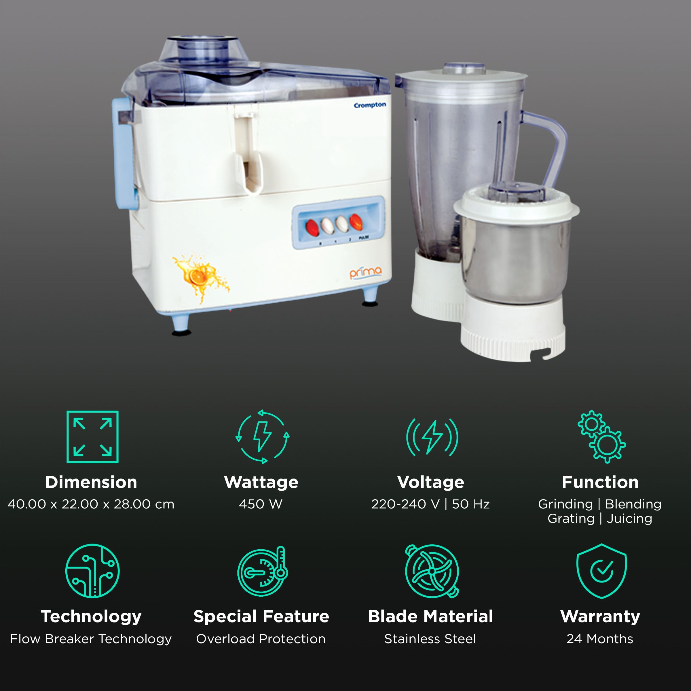 Crompton Prima RJ Plus 450 Watt 2 Jars Juicer Mixer Grinder (Motor Vent-X Technology, White) Crompton Prima RJ Plus 450 Watt 2 Jars Juicer Mixer Grinder (Motor Vent-X Technology, White)_2