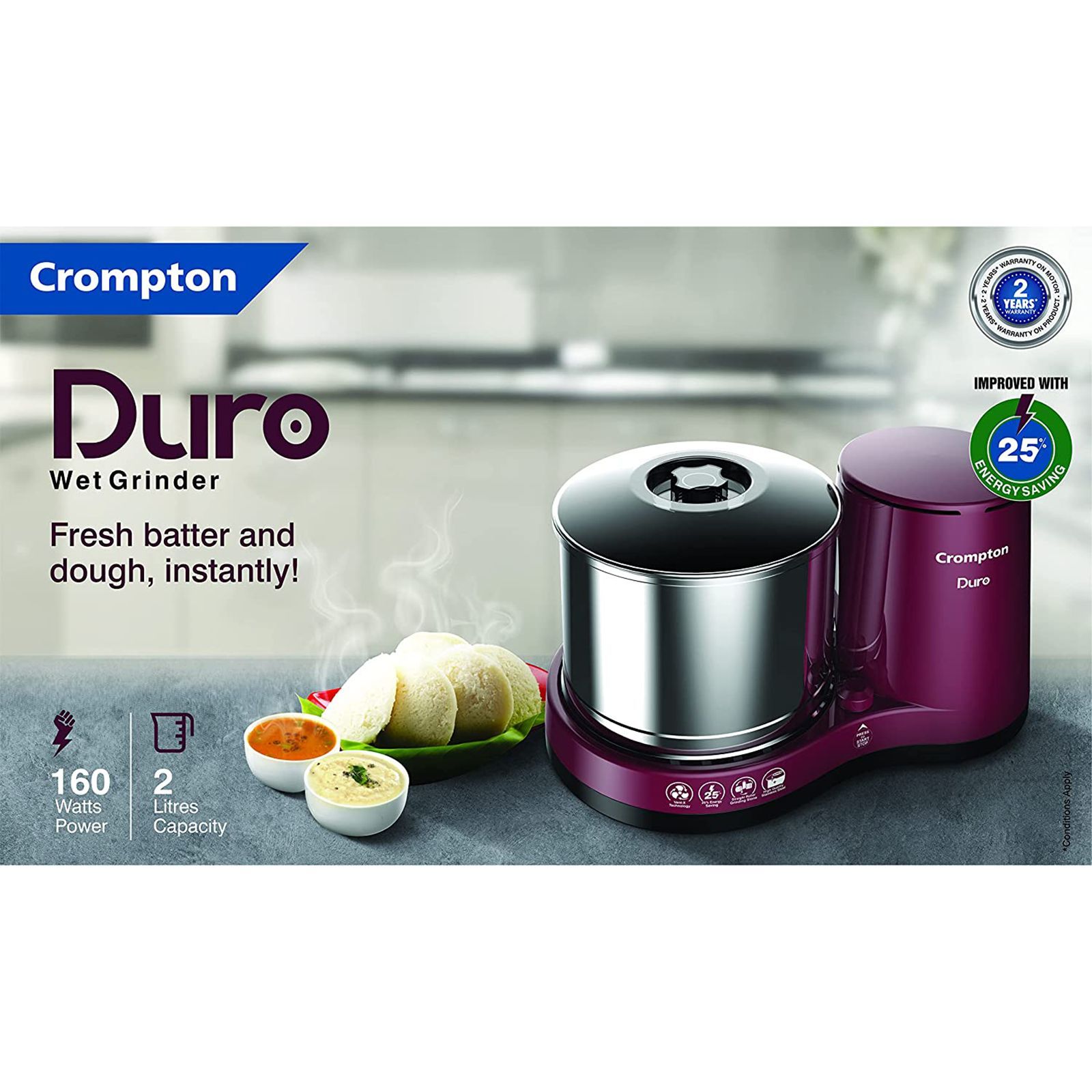 Crompton Duro 2 Litres 2 Stones Wet Grinder with Coconut Scrapper & Atta Kneader (Uniform Grinding Technology, Cherry)_4