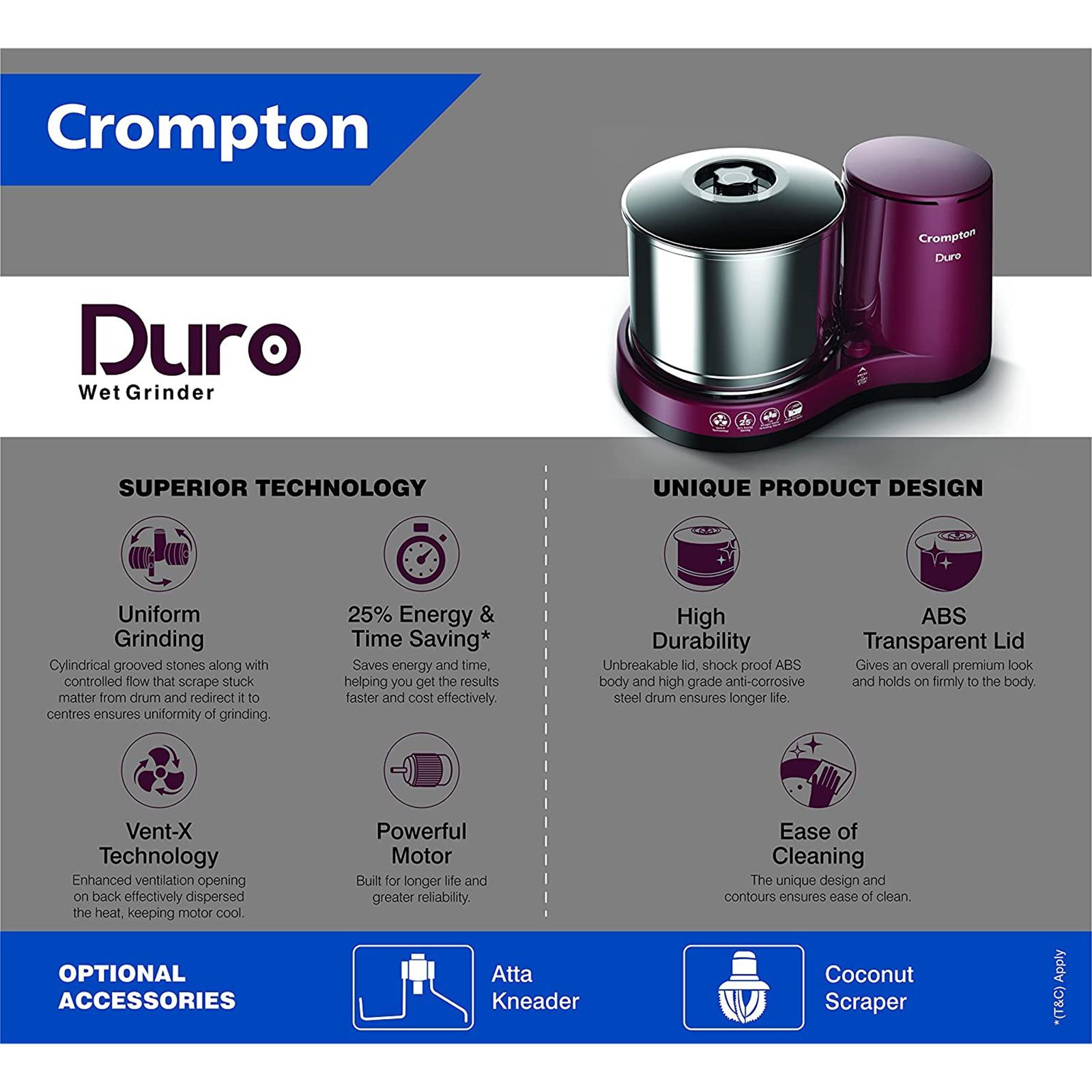 Crompton Duro 2 Litres 2 Stones Wet Grinder with Coconut Scrapper & Atta Kneader (Uniform Grinding Technology, Cherry)_5