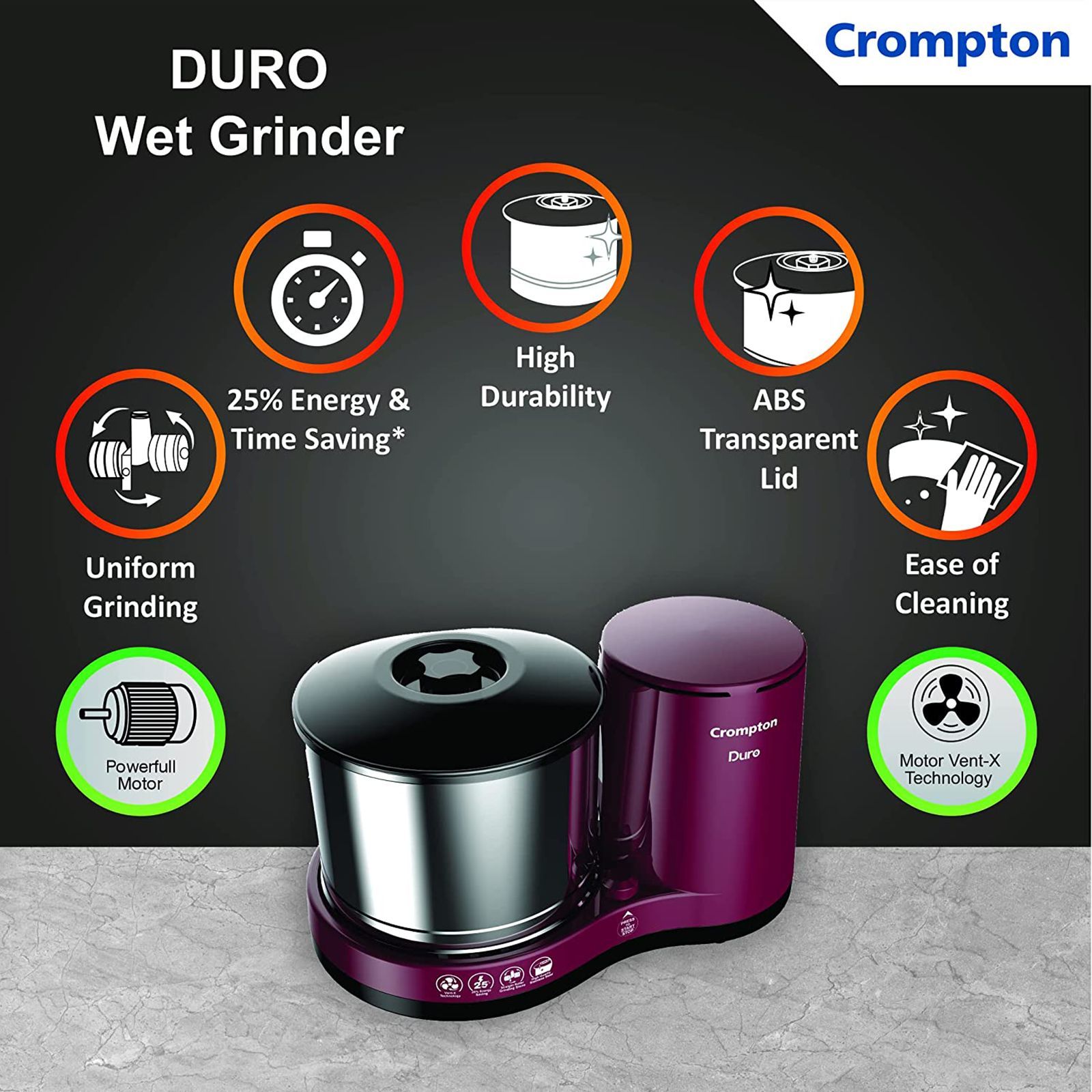 Crompton Duro 2 Litres 2 Stones Wet Grinder with Coconut Scrapper & Atta Kneader (Uniform Grinding Technology, Cherry)_7