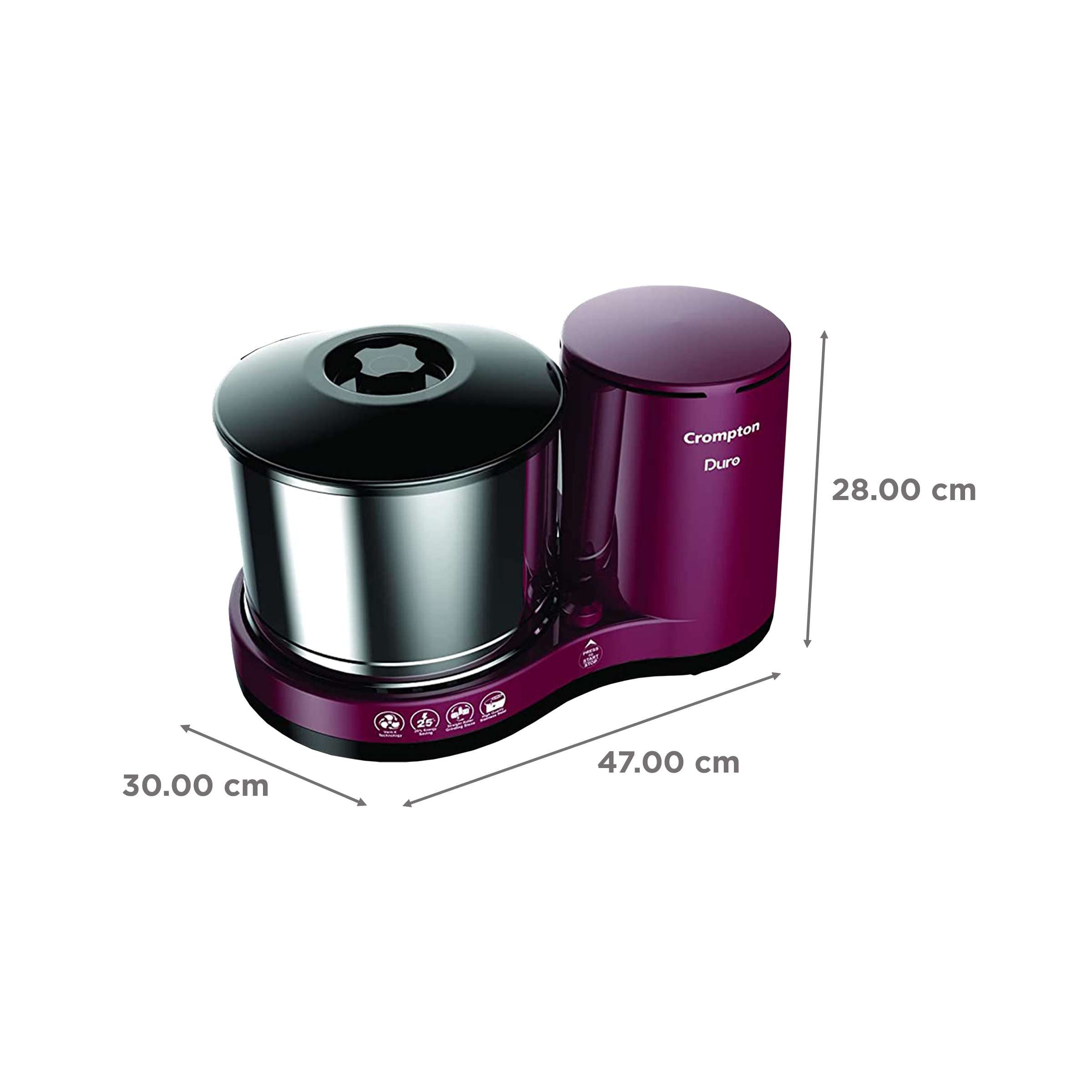 Crompton Duro 2 Litres 2 Stones Wet Grinder with Coconut Scrapper & Atta Kneader (Uniform Grinding Technology, Cherry)_3