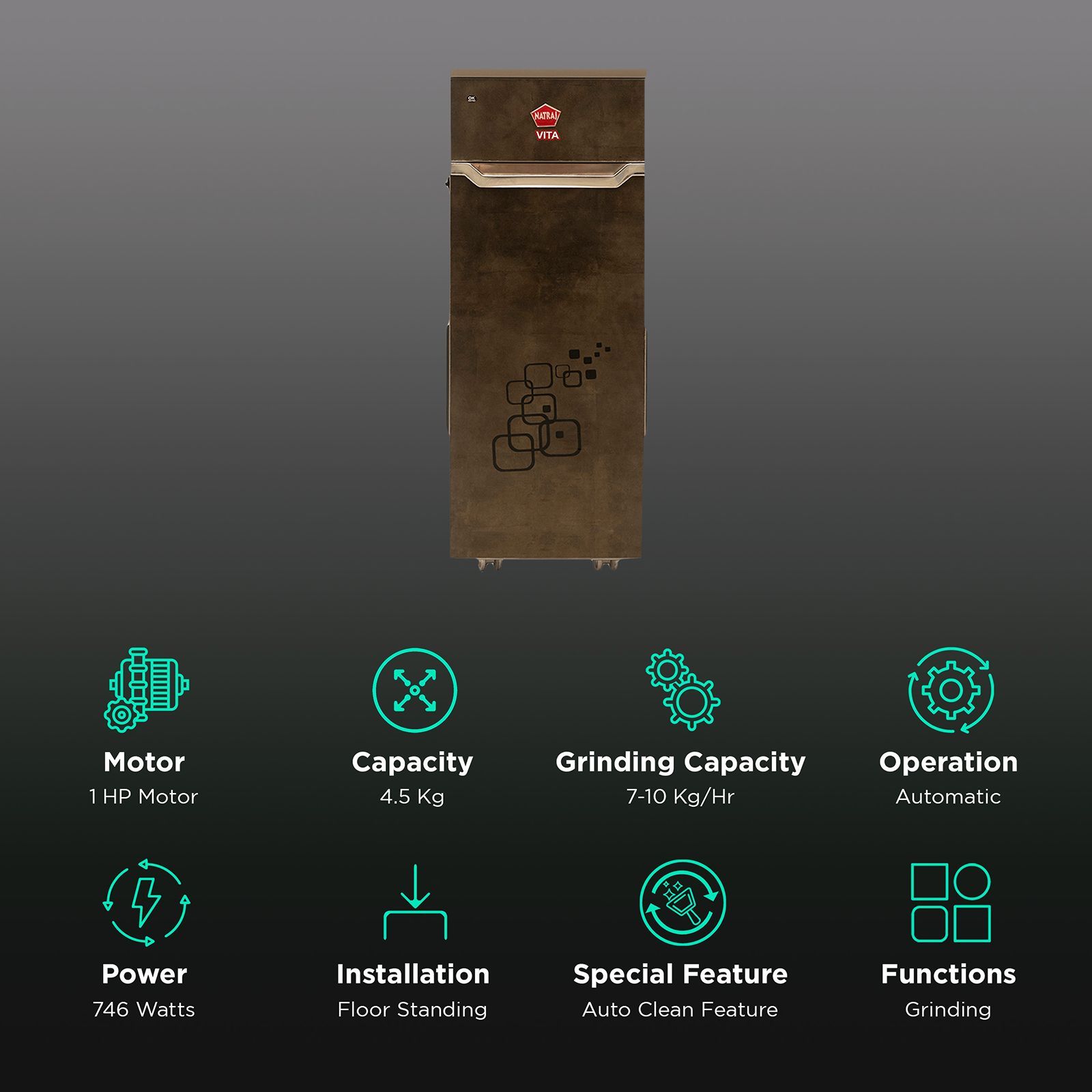 NATRAJ Vita 746 Watts 4.5 kg Flour Mill Machine (Auto Clean and Vacuum Clean, VC-101, Copper)_2