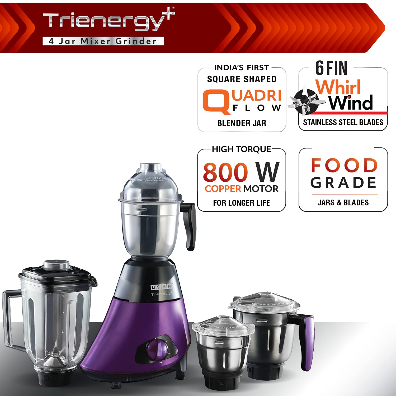 USHA Trienergy Plus 800 Watt 4 Jars Mixer Grinder (21000 RPM, Overload Protection, Purple) USHA Trienergy Plus 800 Watt 4 Jars Mixer Grinder (21000 RPM, Overload Protection, Purple)_14