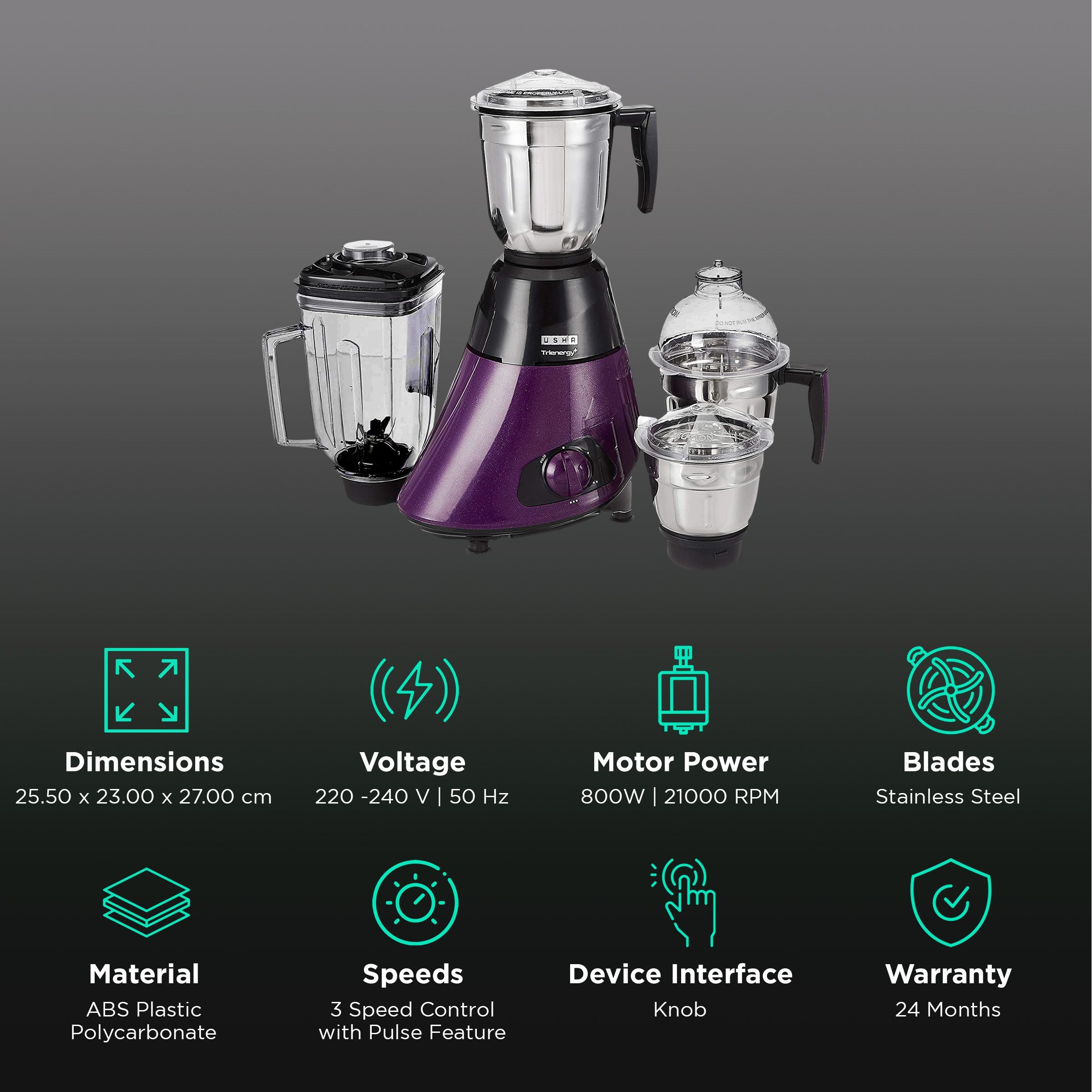 USHA Trienergy Plus 800 Watt 4 Jars Mixer Grinder (21000 RPM, Overload Protection, Purple) USHA Trienergy Plus 800 Watt 4 Jars Mixer Grinder (21000 RPM, Overload Protection, Purple)_2