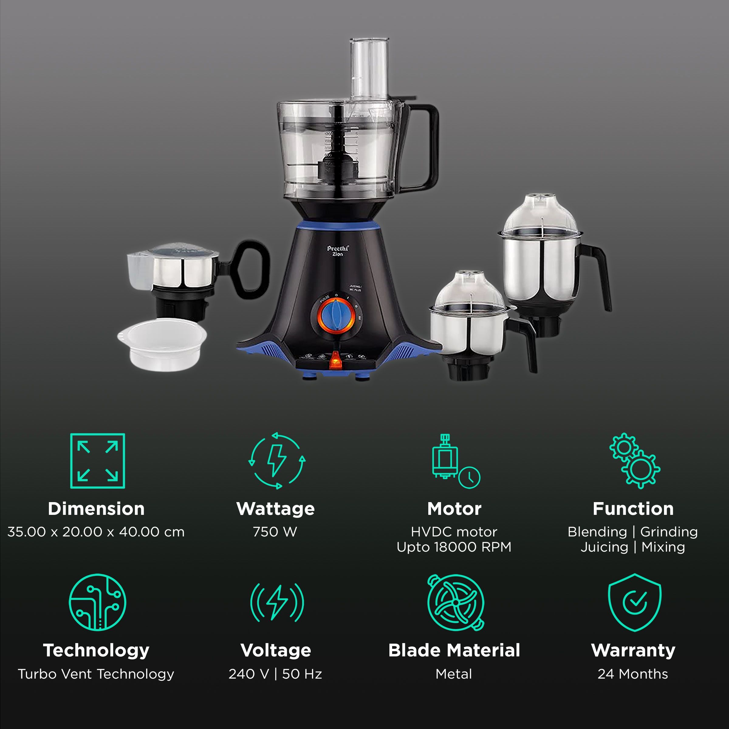 Preethi Zion 750 Watt 4 Jars Juicer Mixer Grinder (18000 RPM, Turbo Vent Technology, Black) Preethi Zion 750 Watt 4 Jars Juicer Mixer Grinder (18000 RPM, Turbo Vent Technology, Black)_2