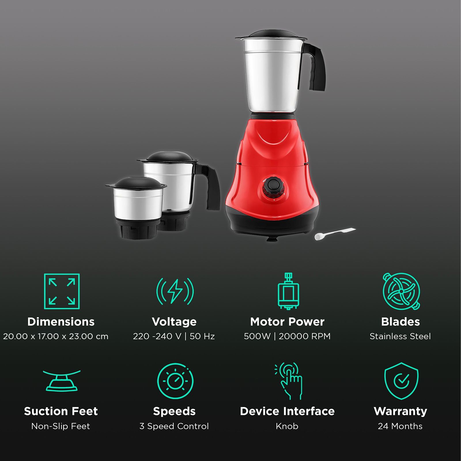 Kutchina MISI VICTOR 500 Watt 3 Jars Mixer Grinder (18000 RPM, Overload Protection, Red)_2