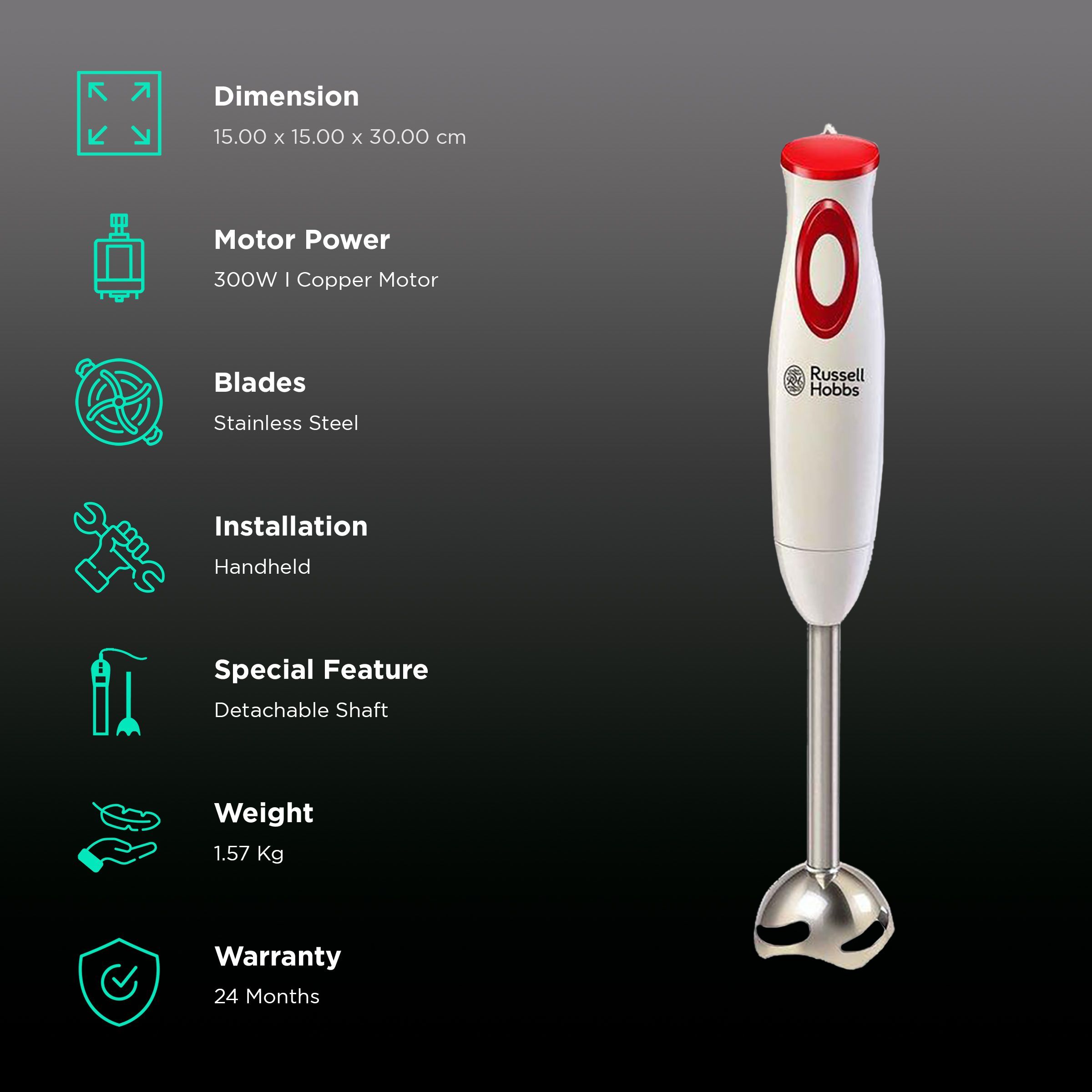 Russell Hobbs 300 Watt Hand Blender with 2 Attachments (Splash Free Design, White)_2