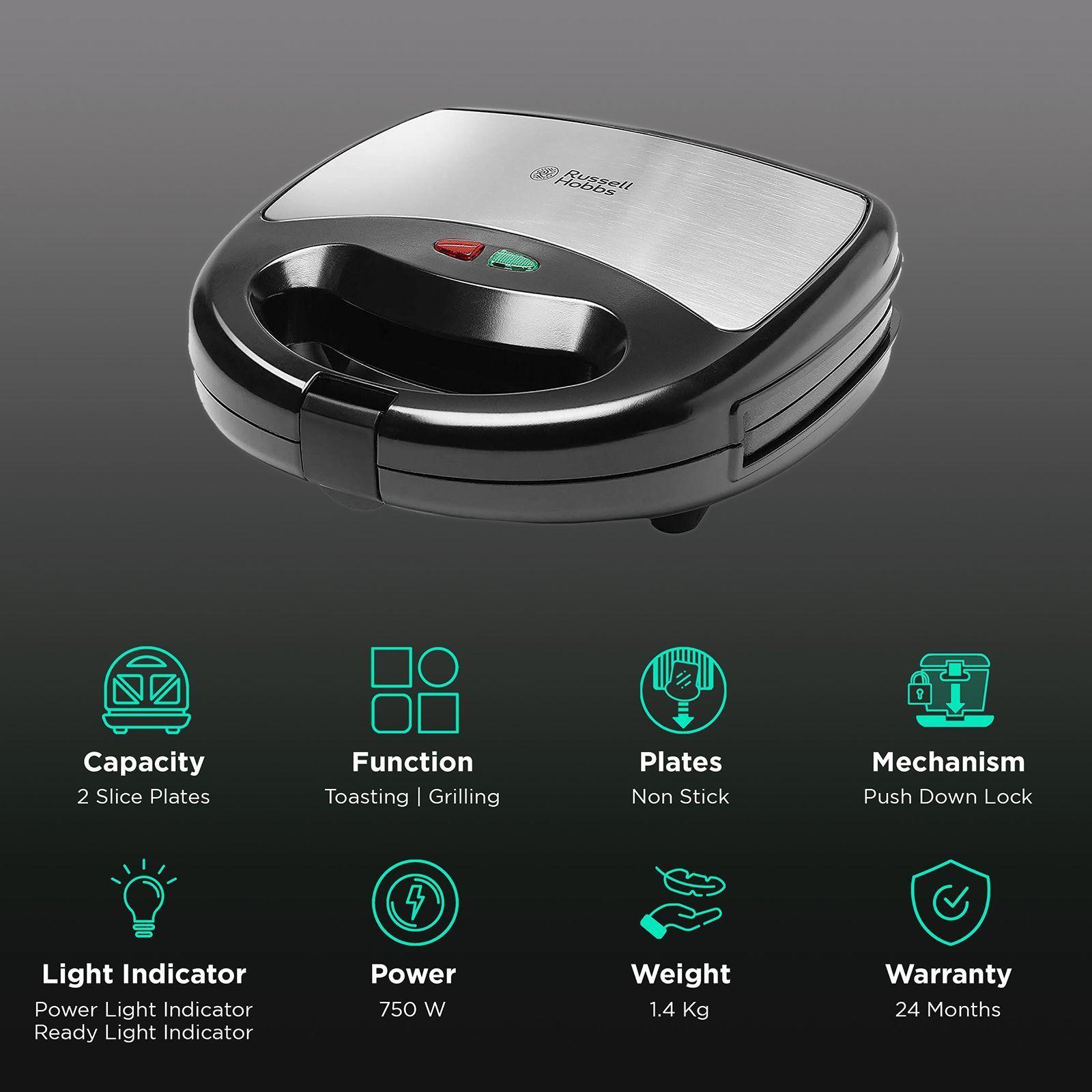 Russell Hobbs RST750SW 750W 2 Slice Sandwich Maker with Anti-Skid Feet (Black)_3