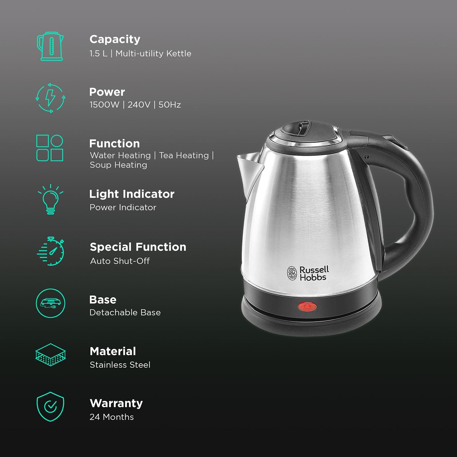 Russell Hobbs DOME1515 1500 Watt 1.5 Litre Electric Kettle with Auto Shut Off (Silver) Russell Hobbs DOME1515 1500 Watt 1.5 Litre Electric Kettle with Auto Shut Off (Silver)_3