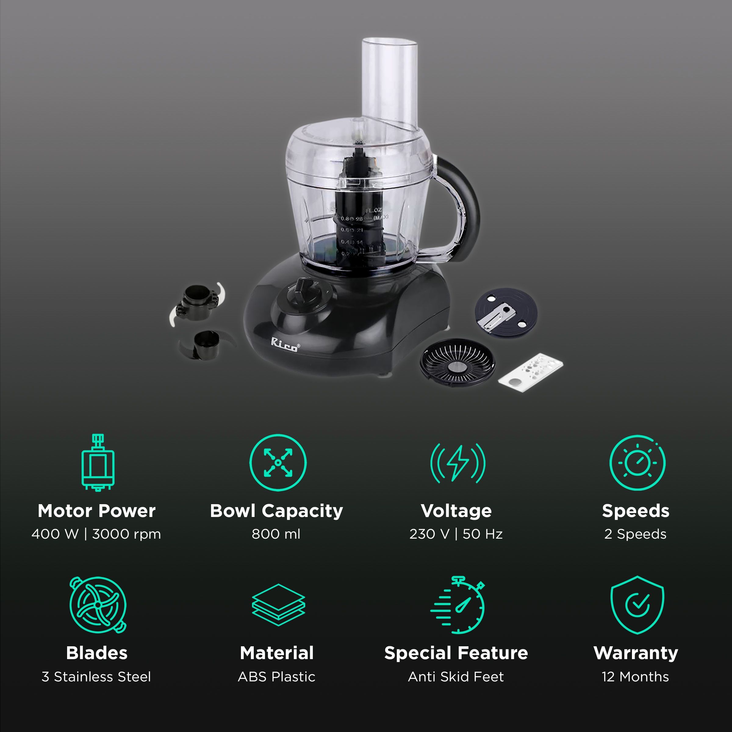 Rico 400 Watt Food Processor with 3 Blades (Black) Rico 400 Watt Food Processor with 3 Blades (Black)_2