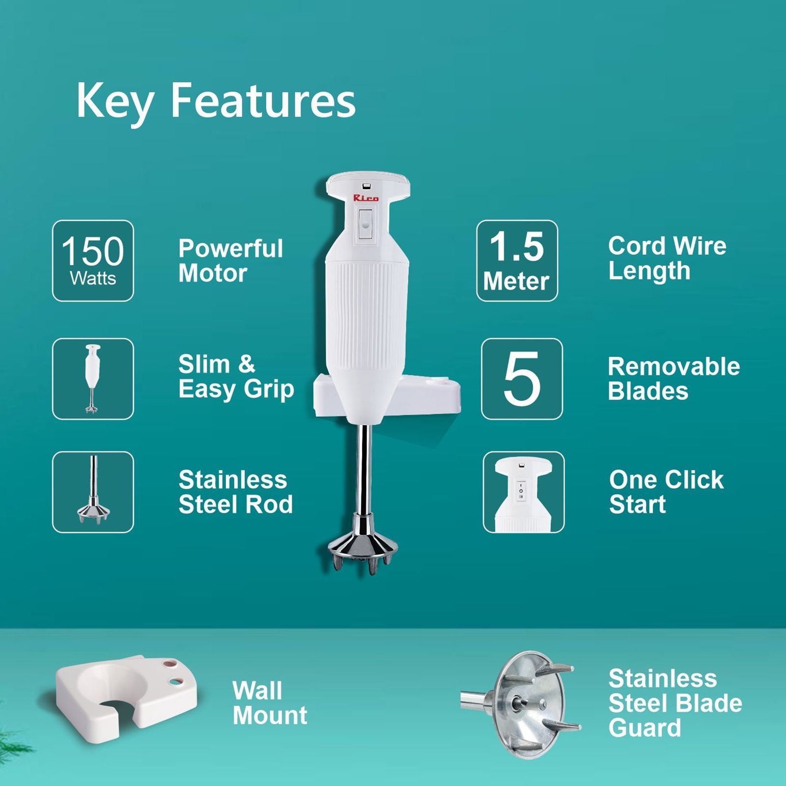 Rico HBCJ 150 Watt Hand Blender with 5 Attachments (Copper Motor, White)_8