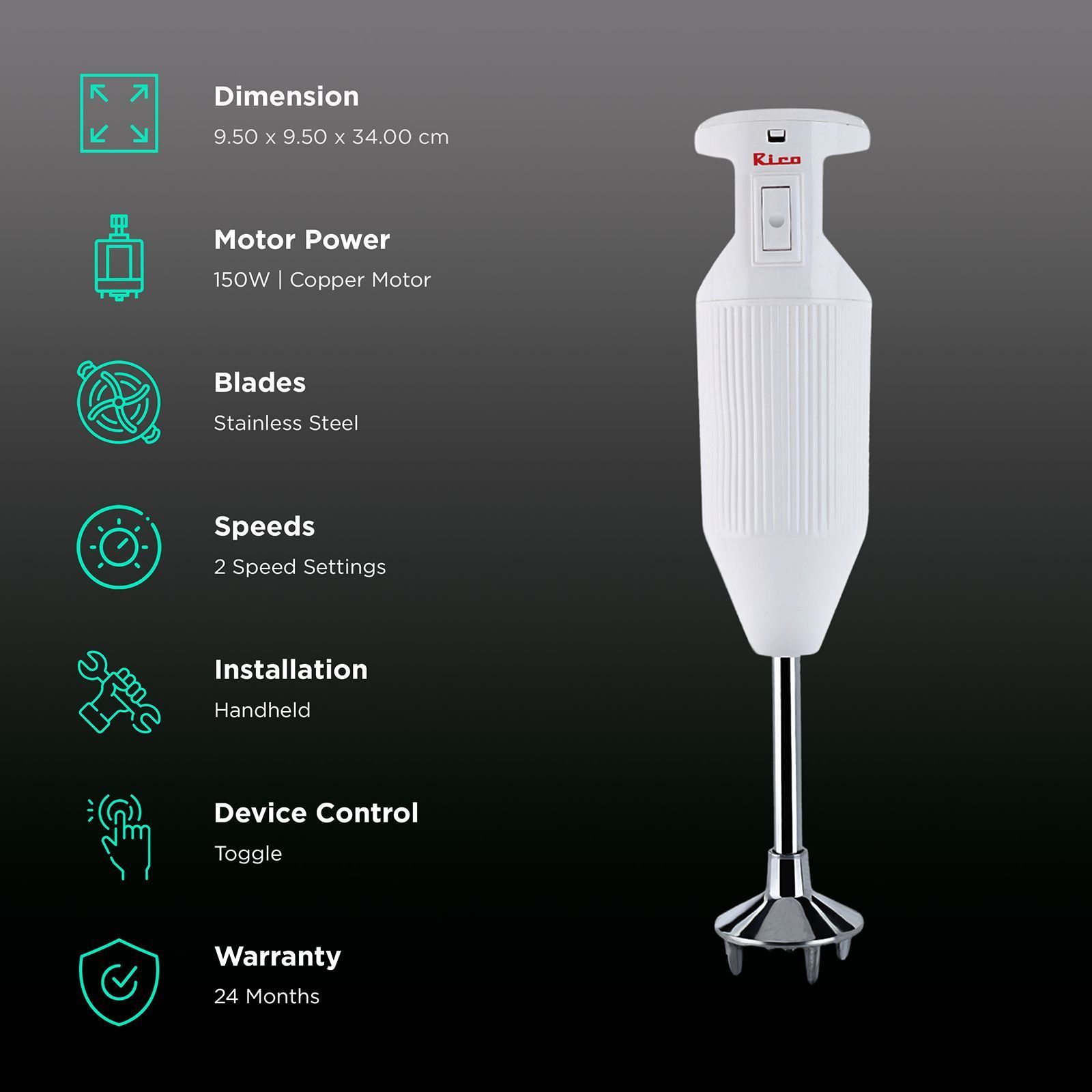 Rico HBCJ 150 Watt Hand Blender with 5 Attachments (Copper Motor, White)_2