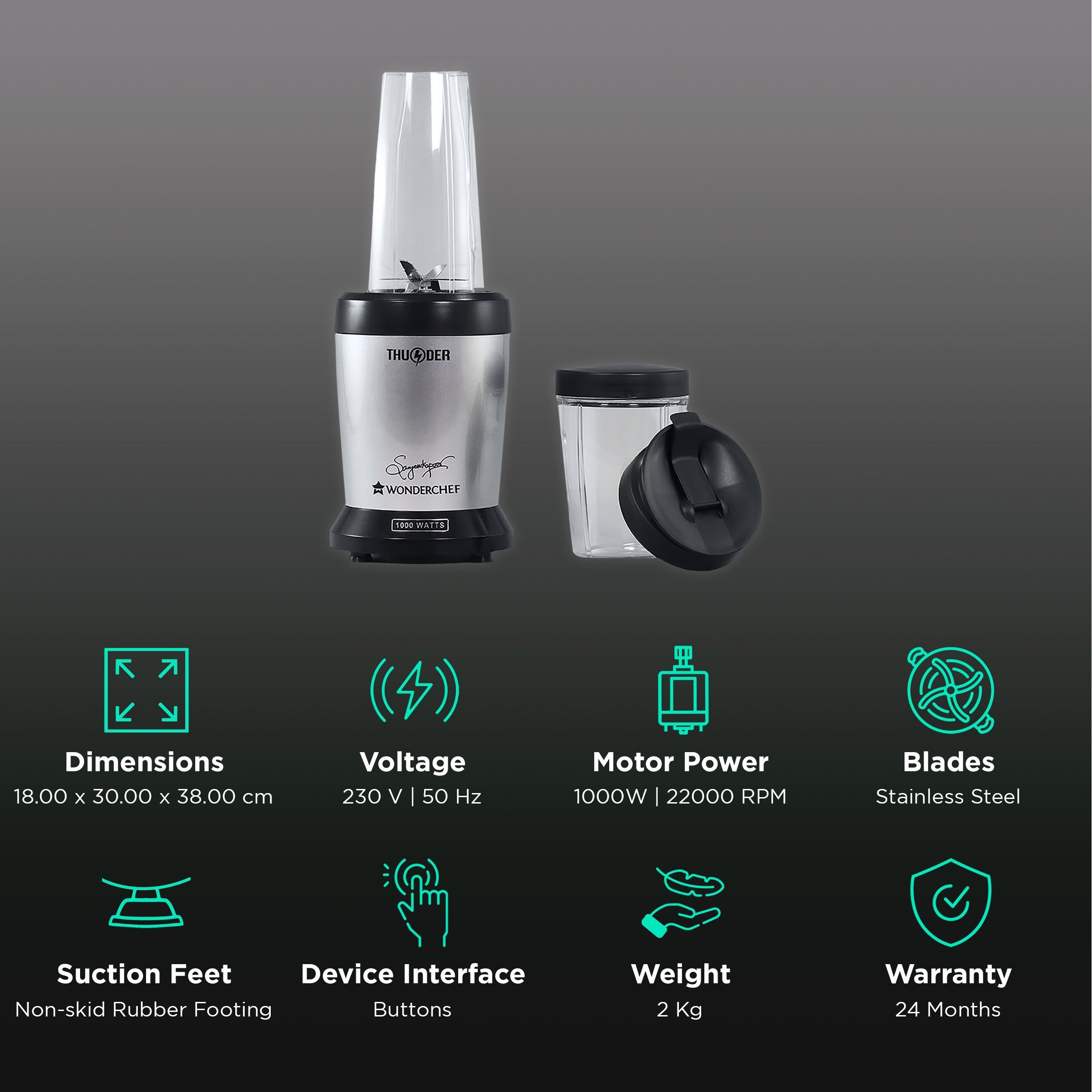 WONDERCHEF Nutri-Blend Thunder 1000 Watt 2 Jars Mixer Grinder Blender (22000 RPM, Compact Design, Black/Silver)_2