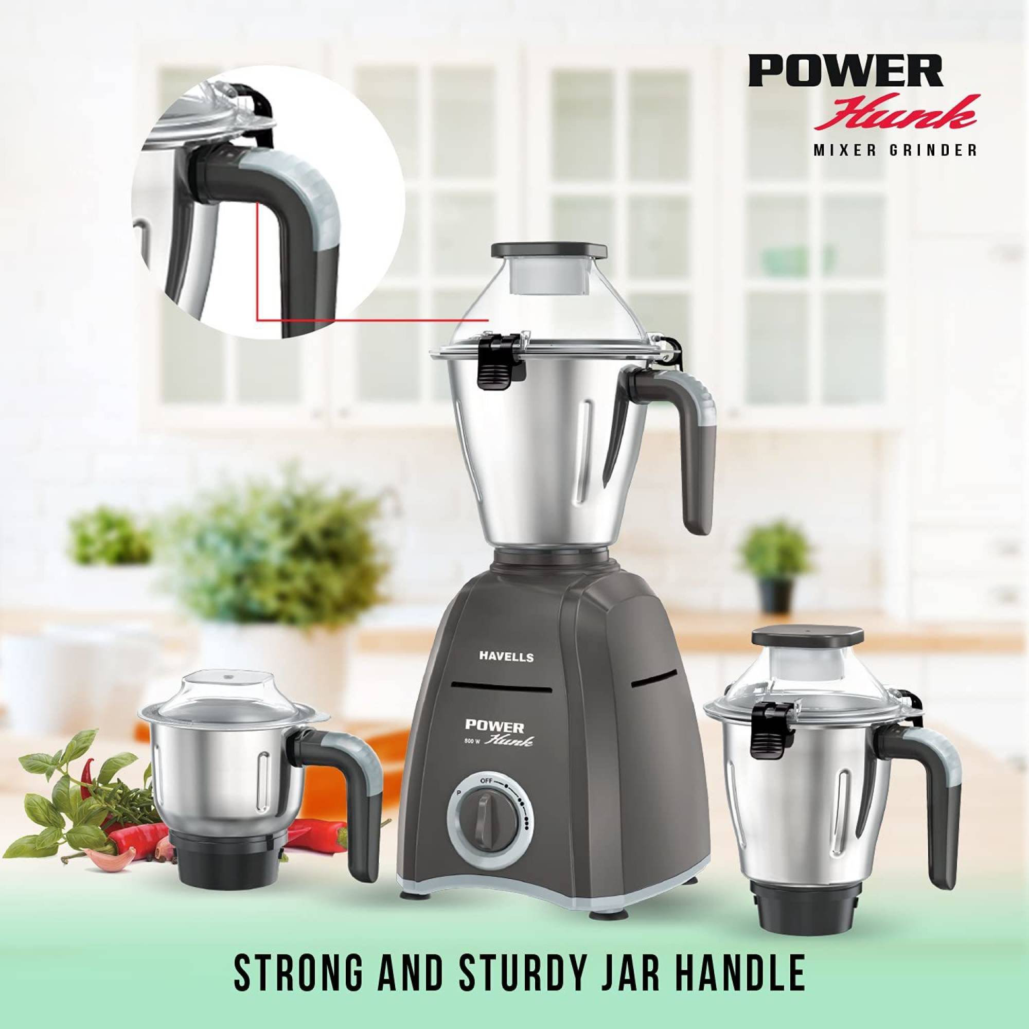 HAVELLS Power Hunk 800 Watt 3 Jars Mixer Grinder (21000 RPM, Hands-free Operation, Grey) HAVELLS Power Hunk 800 Watt 3 Jars Mixer Grinder (21000 RPM, Hands-free Operation, Grey)_6