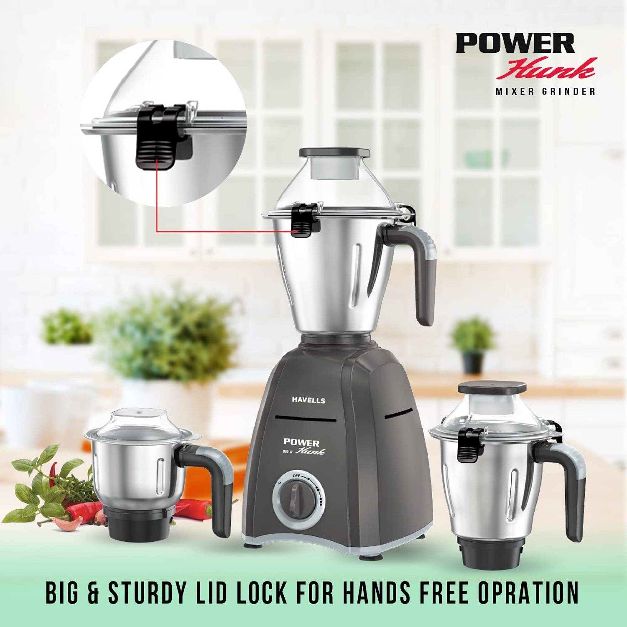 HAVELLS Power Hunk 800 Watt 3 Jars Mixer Grinder (21000 RPM, Hands-free Operation, Grey) HAVELLS Power Hunk 800 Watt 3 Jars Mixer Grinder (21000 RPM, Hands-free Operation, Grey)_10