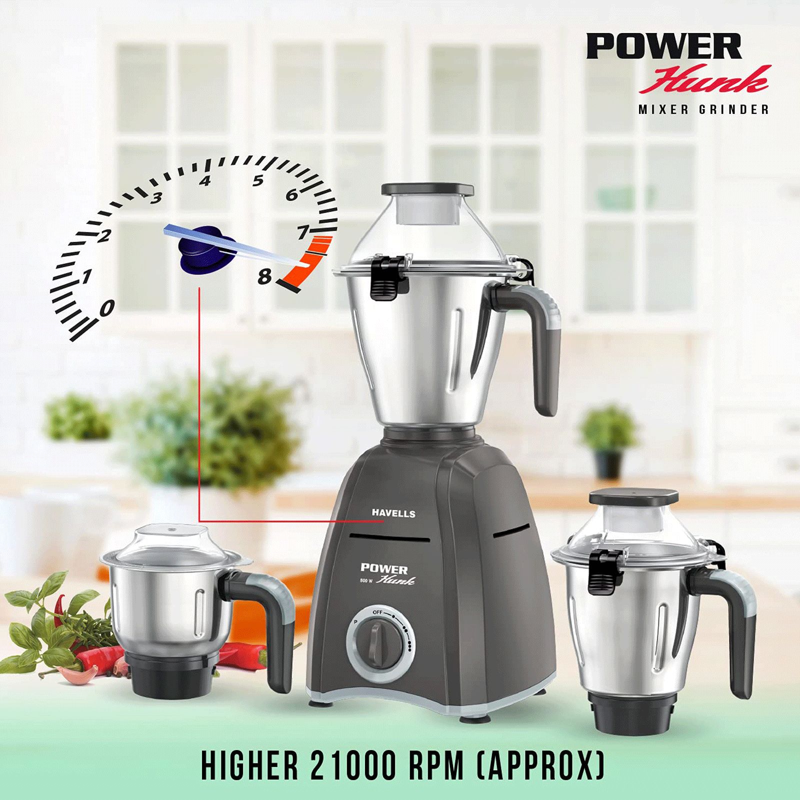 HAVELLS Power Hunk 800 Watt 3 Jars Mixer Grinder (21000 RPM, Hands-free Operation, Grey) HAVELLS Power Hunk 800 Watt 3 Jars Mixer Grinder (21000 RPM, Hands-free Operation, Grey)_12