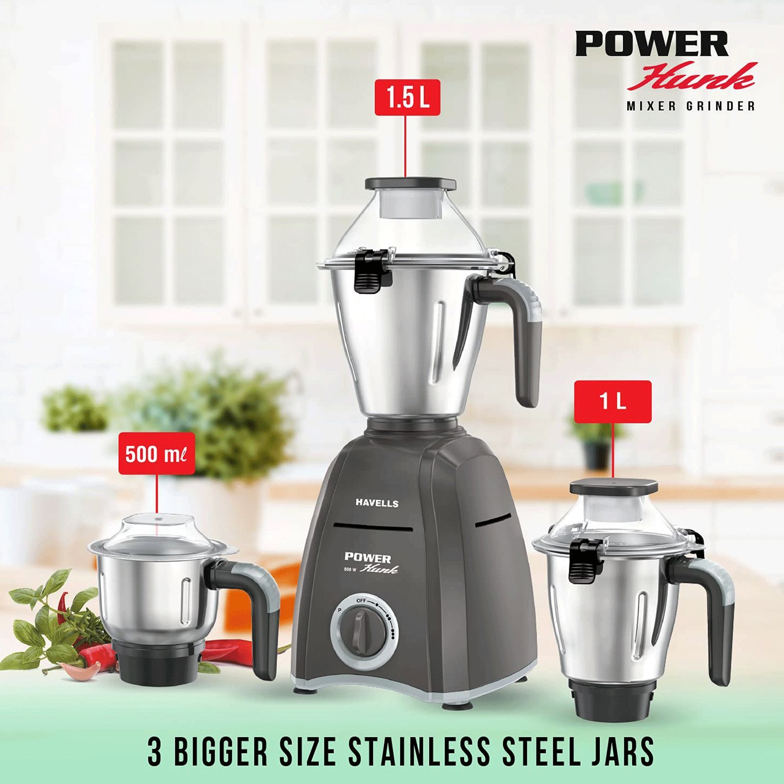 HAVELLS Power Hunk 800 Watt 3 Jars Mixer Grinder (21000 RPM, Hands-free Operation, Grey) HAVELLS Power Hunk 800 Watt 3 Jars Mixer Grinder (21000 RPM, Hands-free Operation, Grey)_14