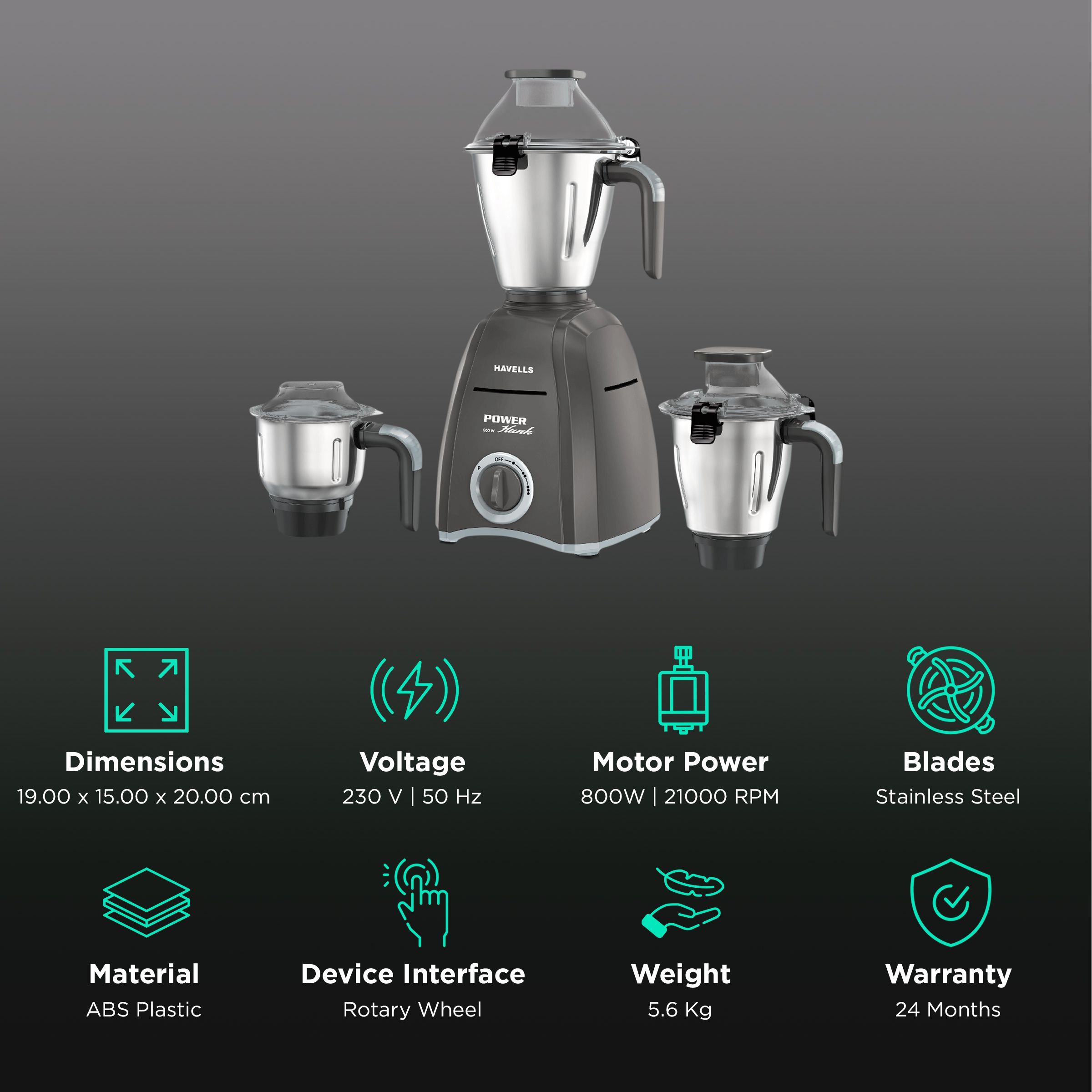 HAVELLS Power Hunk 800 Watt 3 Jars Mixer Grinder (21000 RPM, Hands-free Operation, Grey) HAVELLS Power Hunk 800 Watt 3 Jars Mixer Grinder (21000 RPM, Hands-free Operation, Grey)_2