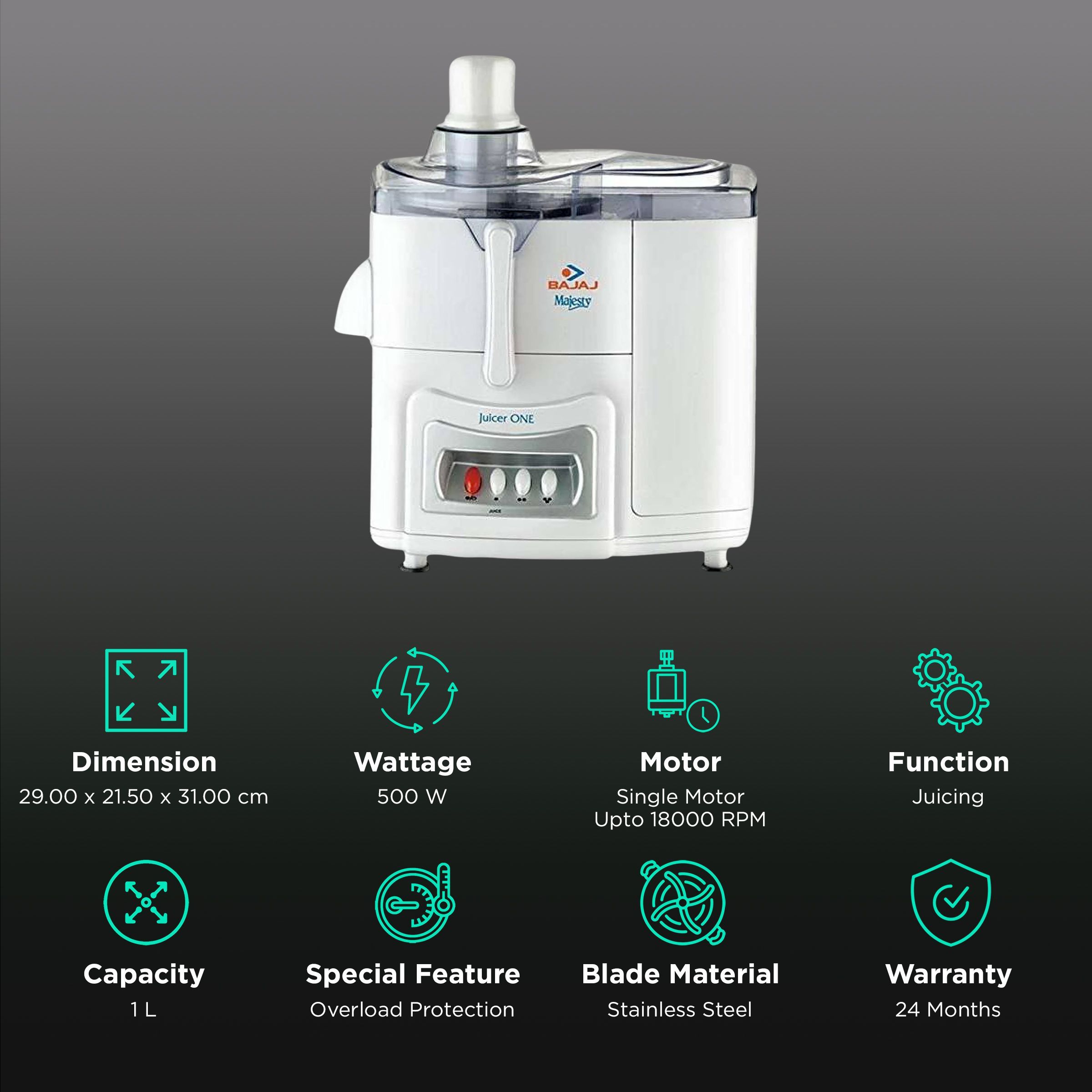 BAJAJ Majesty Juicer One 500 Watt Juicer (18000 RPM, 3 Speed Control, White)_2