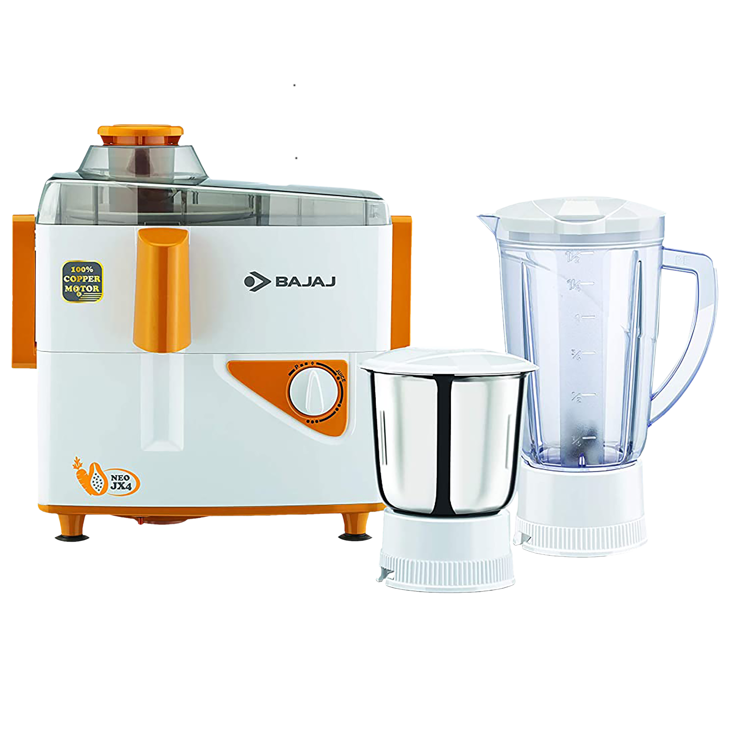 BAJAJ JX4 Neo 450 Watt 2 Jars Juicer Mixer Grinder (18000 RPM, 3 Speed Control, White/Orange)_1