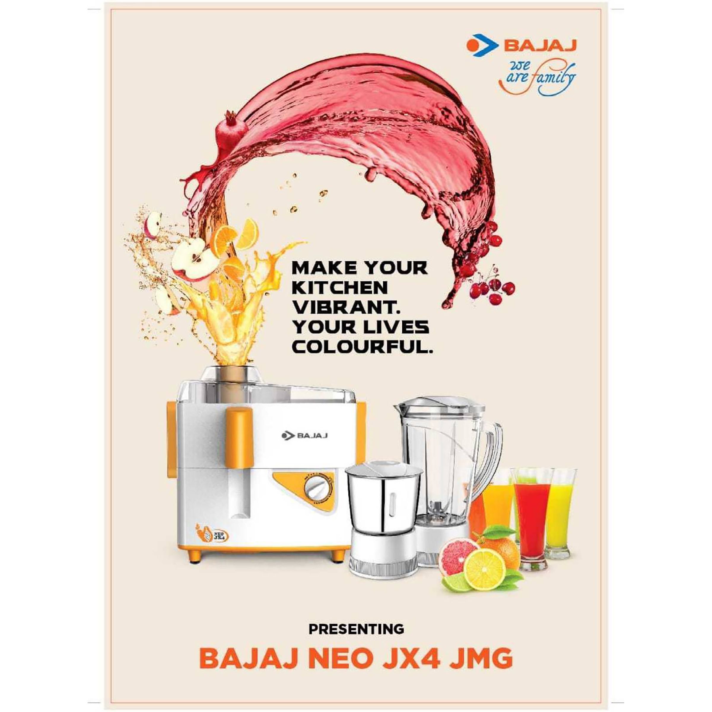BAJAJ JX4 Neo 450 Watt 2 Jars Juicer Mixer Grinder (18000 RPM, 3 Speed Control, White/Orange)_6