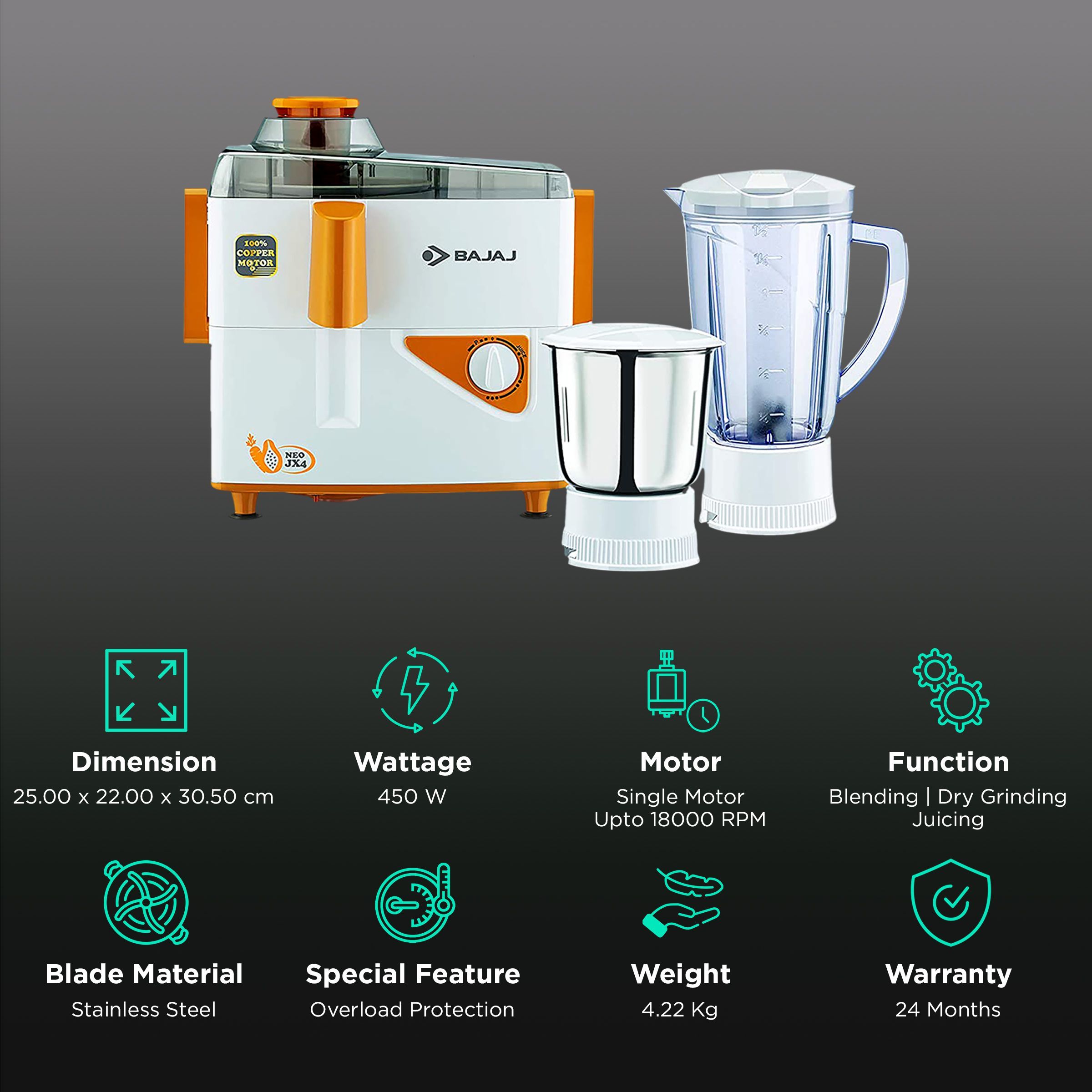 BAJAJ JX4 Neo 450 Watt 2 Jars Juicer Mixer Grinder (18000 RPM, 3 Speed Control, White/Orange)_2