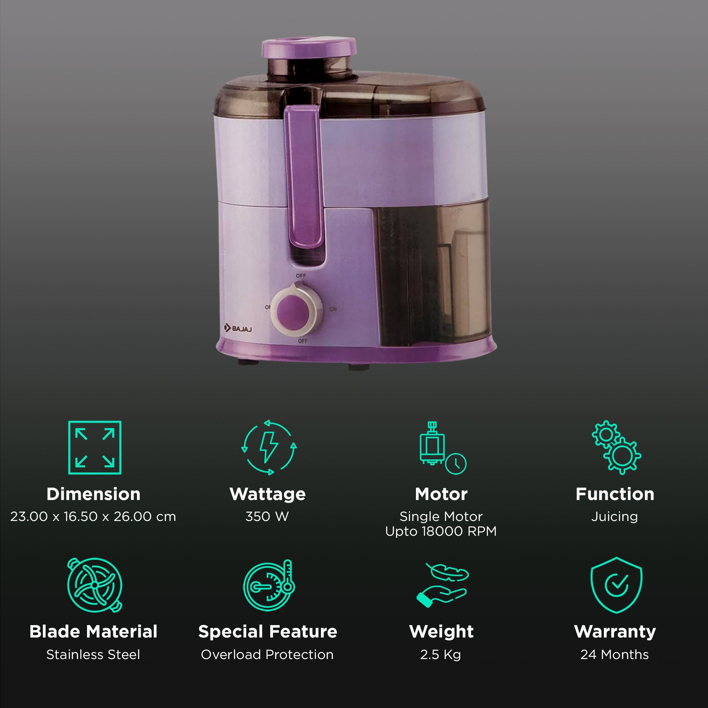 BAJAJ JEX 20 350 Watt 1 Jar Juice Extractor (18000 RPM, 3 Speed Control, Lavender)_2