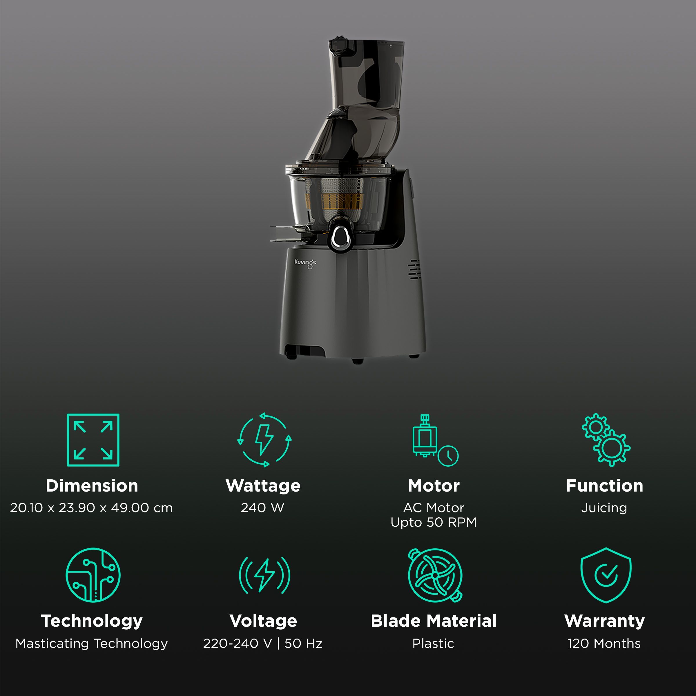 Kuvings EVO810 240 Watt 1 Jar Cold Press Slow Juicer (50 RPM, 3-in-1 Multi Function, Gun Metal)_2