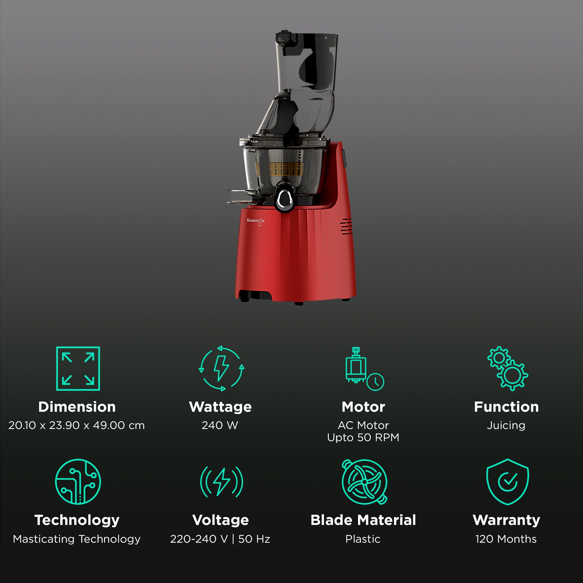 Kuvings EVO810 240 Watt 1 Jar Cold Press Slow Juicer (50 RPM, 3-in-1 Multi Function, Red)_2