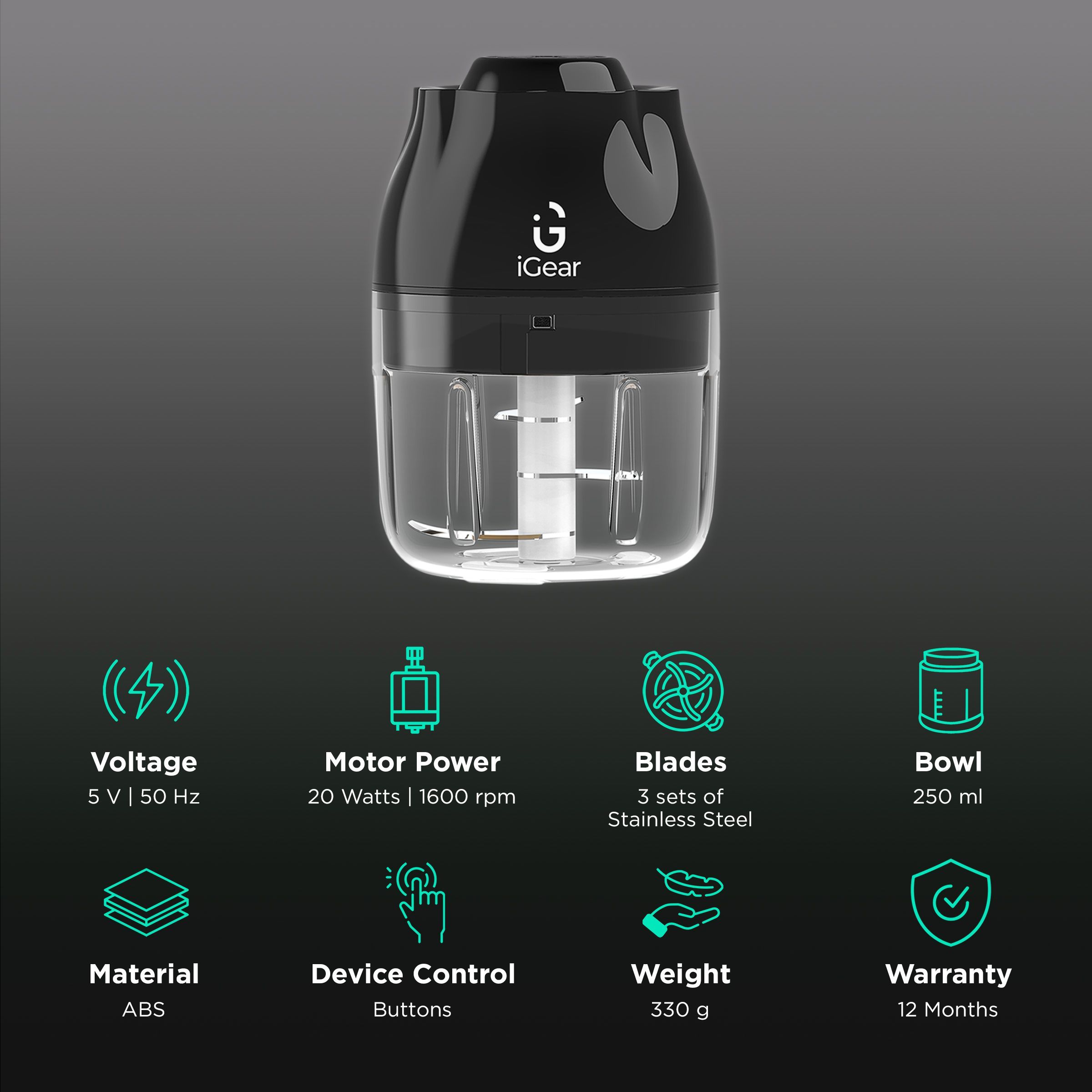 iGear Chop Mix 20 Watt Vegetable & Fruit Chopper with 3 Blades (Black)_2