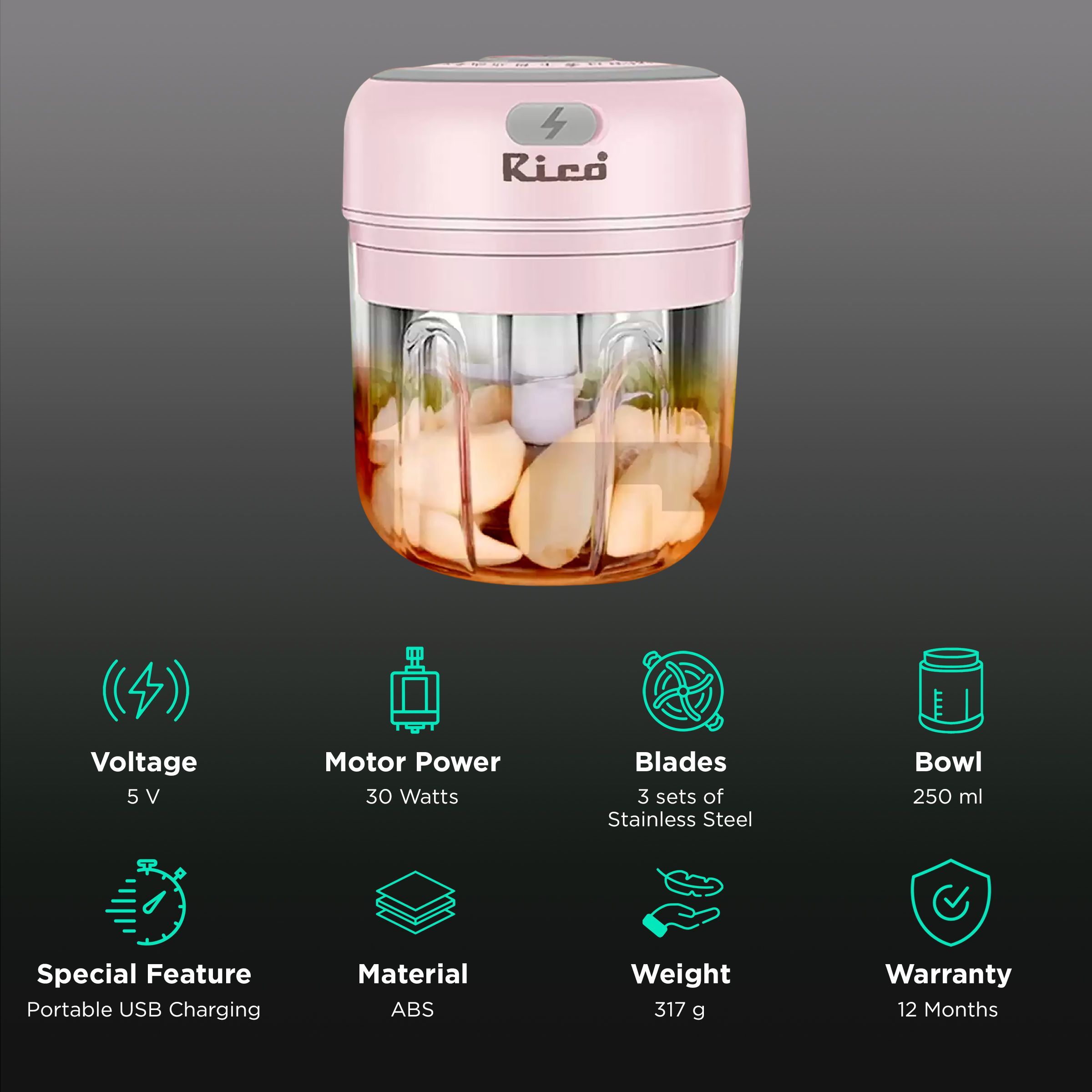 Rico 30 Watt Vegetable & Fruit Chopper with 3 Blades (Pink) Rico 30 Watt Vegetable & Fruit Chopper with 3 Blades (Pink)_2