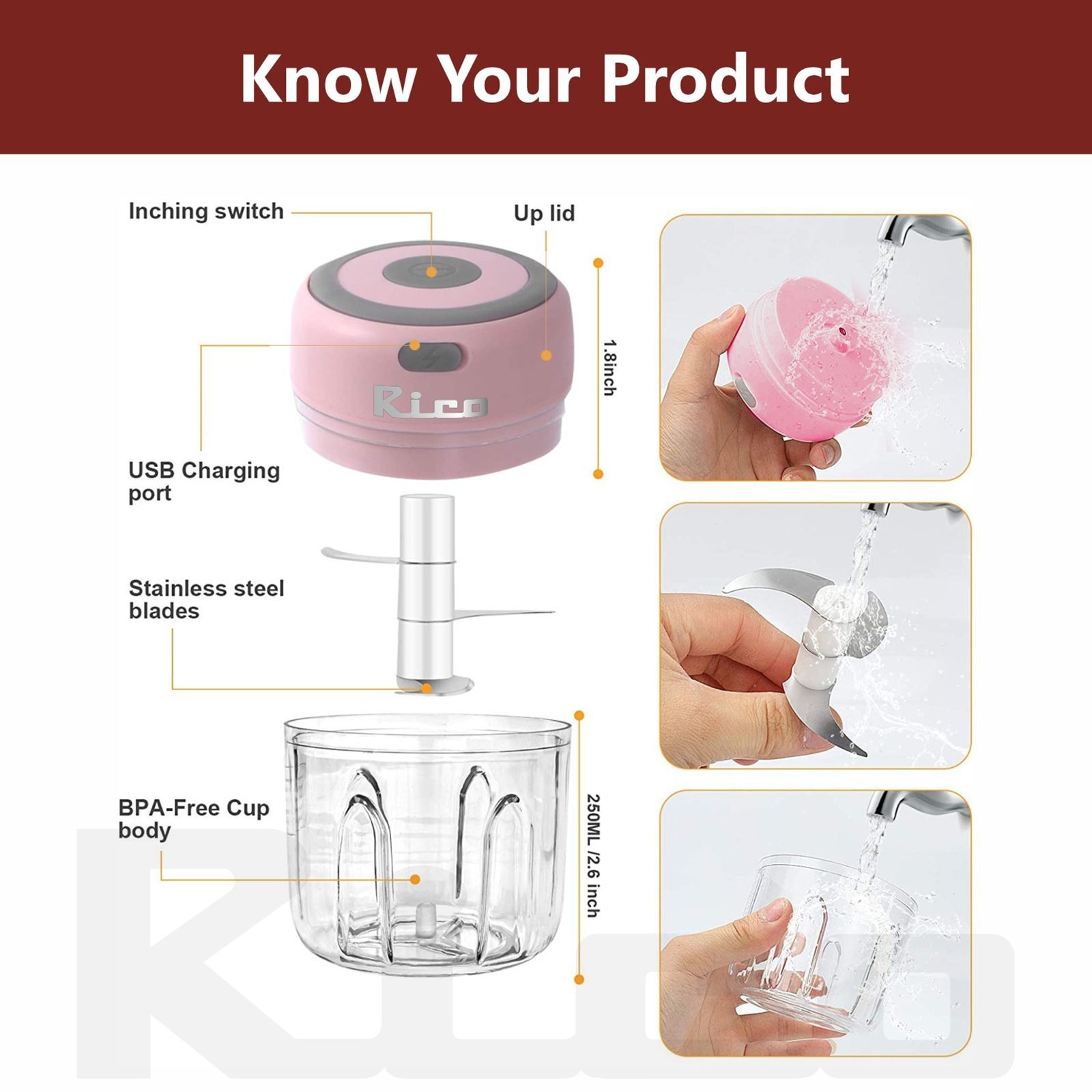 Rico 30 Watt Vegetable & Fruit Chopper with 3 Blades (Pink) Rico 30 Watt Vegetable & Fruit Chopper with 3 Blades (Pink)_4