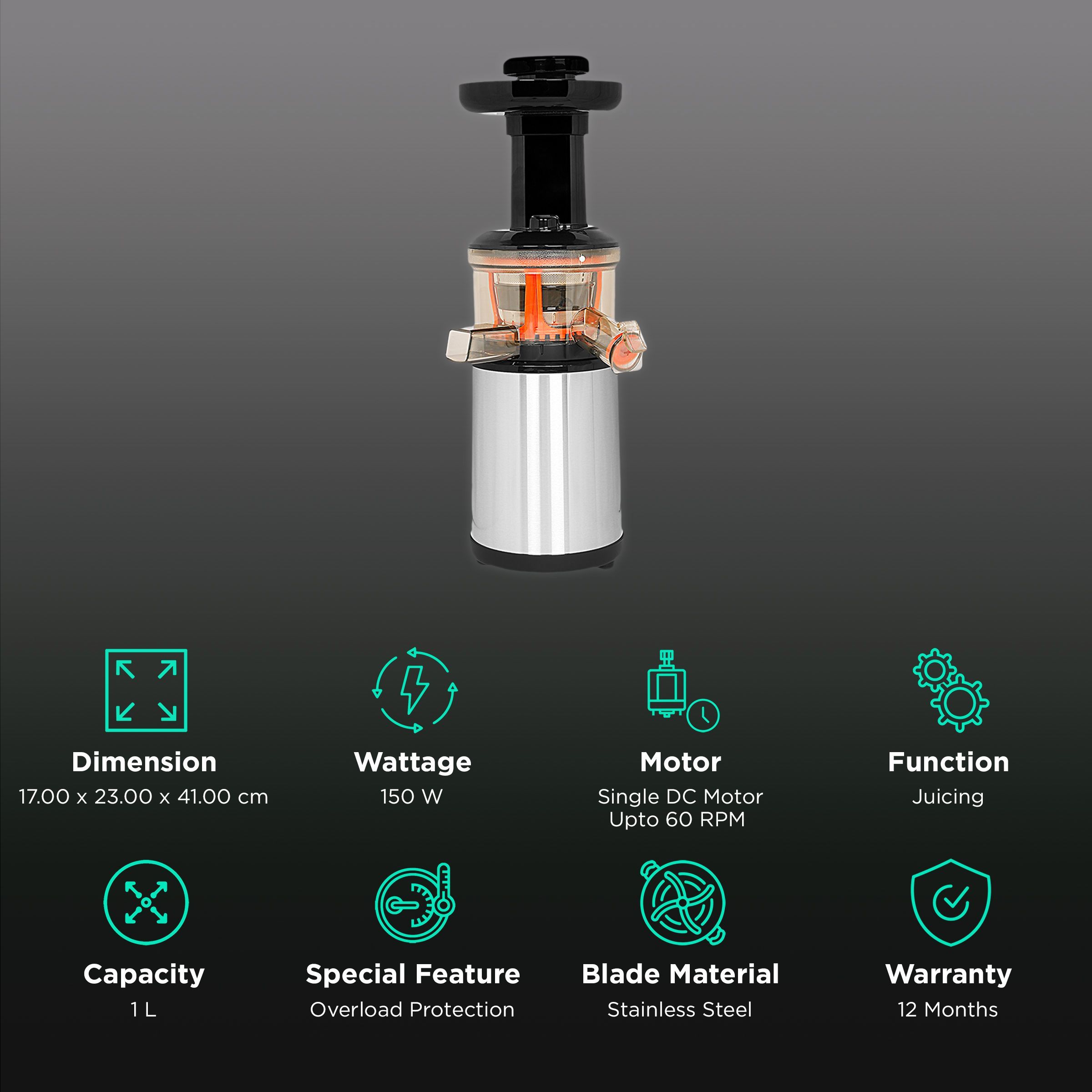 FABER FSJ 150 R 150 Watt Slow Juicer (60 RPM, Safety Protection System, Black)_2