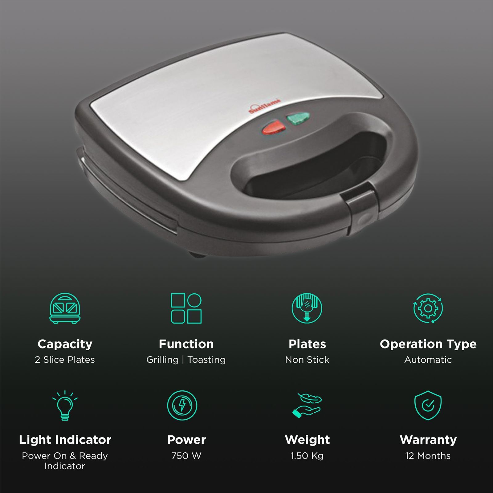 Sunflame SF-111 750W 2 Slice Grill Sandwich Toaster with In-built Safety Fuse (Black & Silver)_3