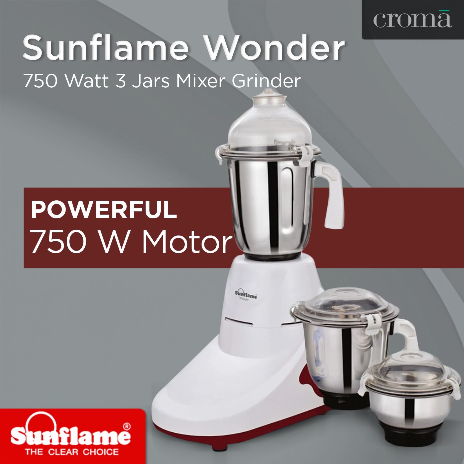 Sunflame Wonder 750 Watt 3 Jars Mixer Grinder (Overload Protection, White)_4
