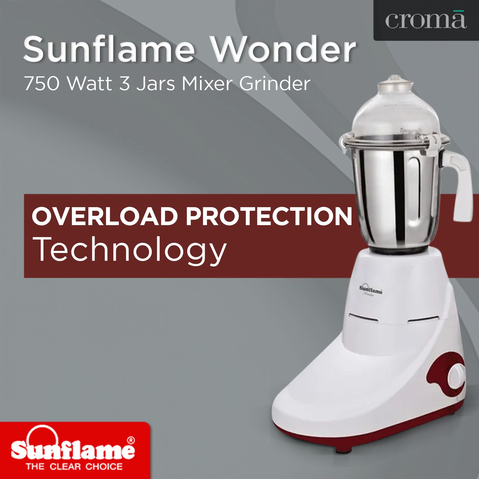 Sunflame Wonder 750 Watt 3 Jars Mixer Grinder (Overload Protection, White)_5