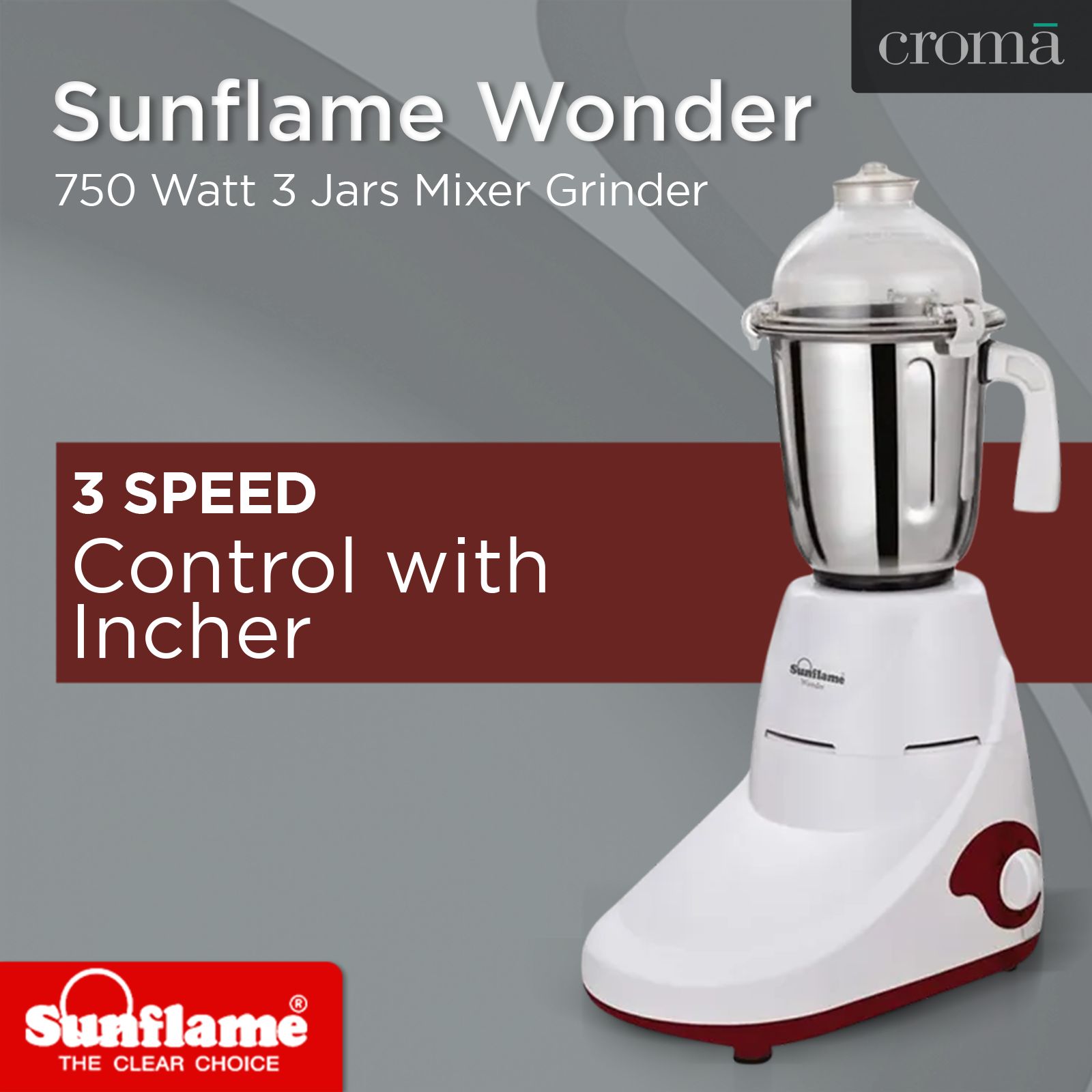 Sunflame Wonder 750 Watt 3 Jars Mixer Grinder (Overload Protection, White)_6