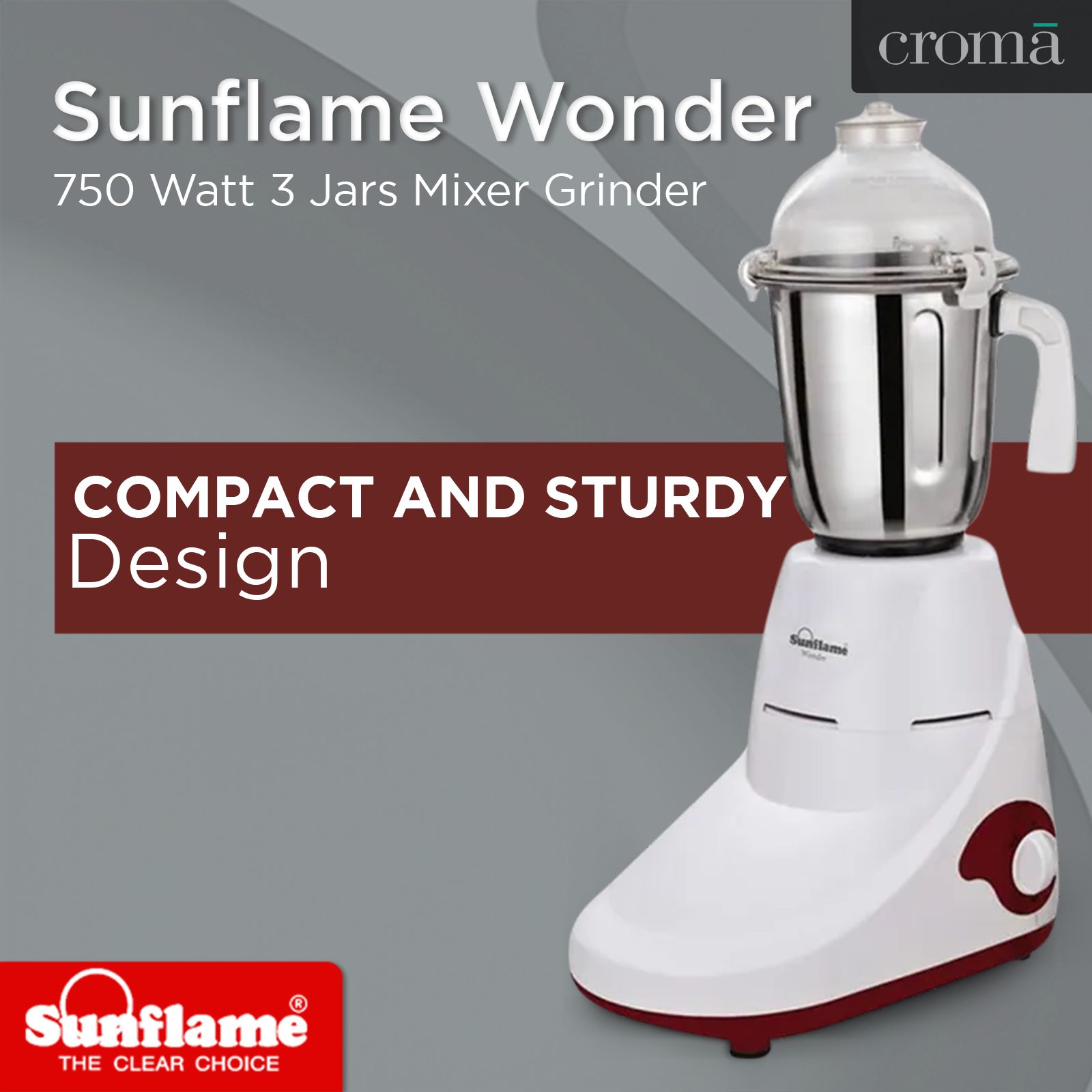 Sunflame Wonder 750 Watt 3 Jars Mixer Grinder (Overload Protection, White)_8